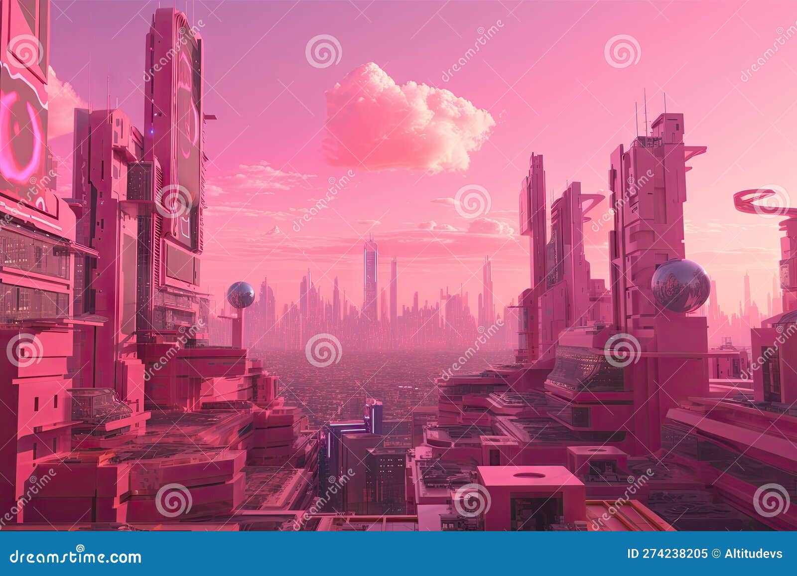 Pink Futuristic Cityscape, with Towering Skyscrapers and Flying ...