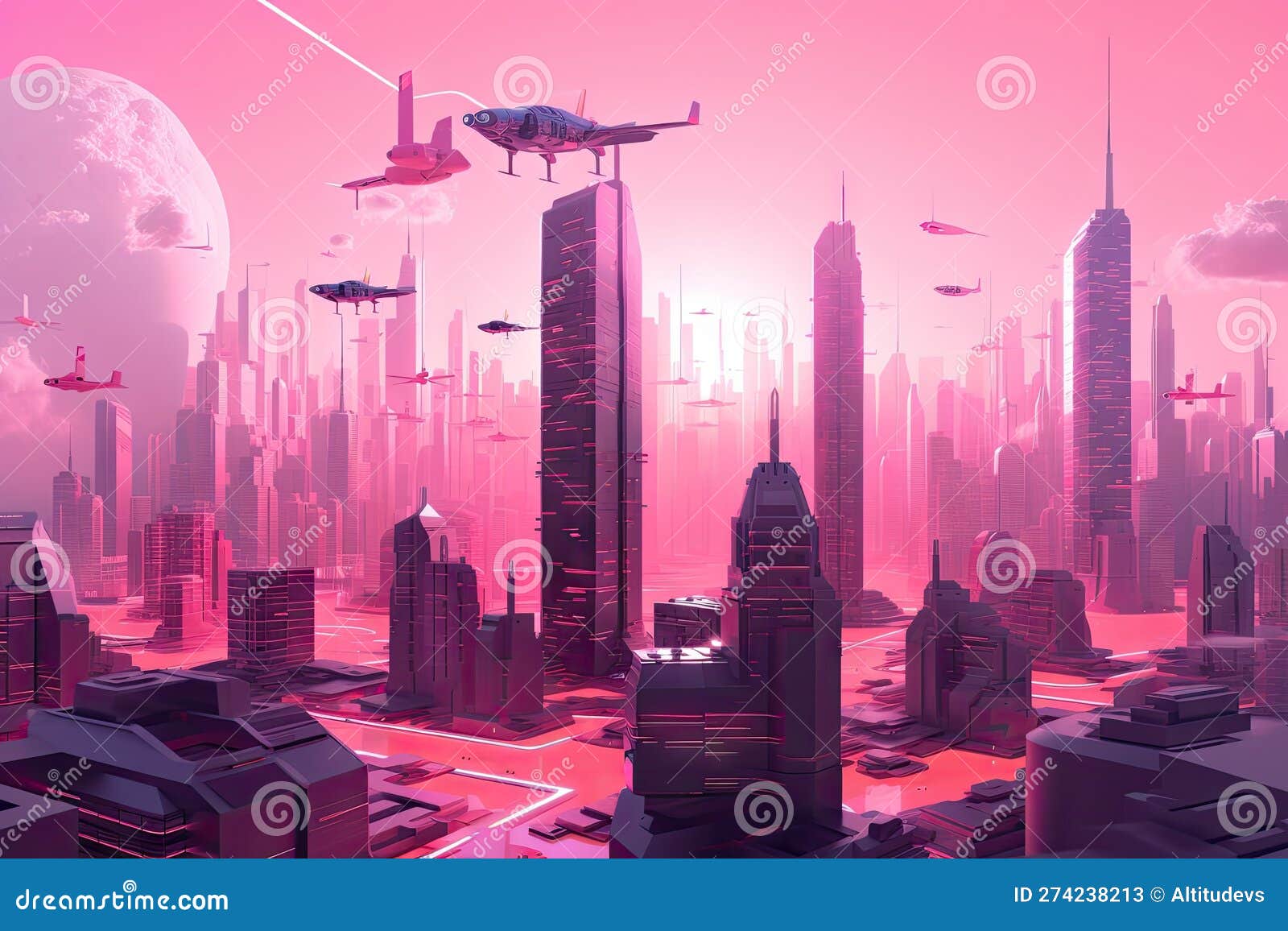 Pink Futuristic Cityscape, with Towering Skyscrapers and Flying ...