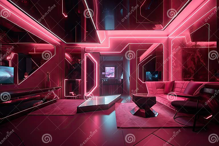 Pink Futuristic Room with Floating Holographic Displays, Metallic ...