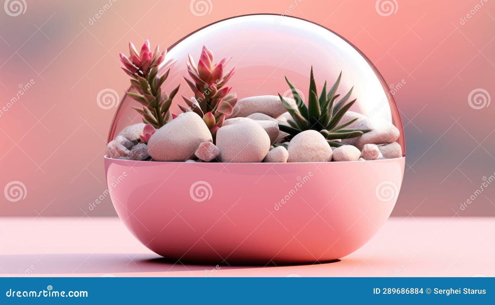 A Pink Glass Egg with Rocks and Succulents, AI Stock Illustration