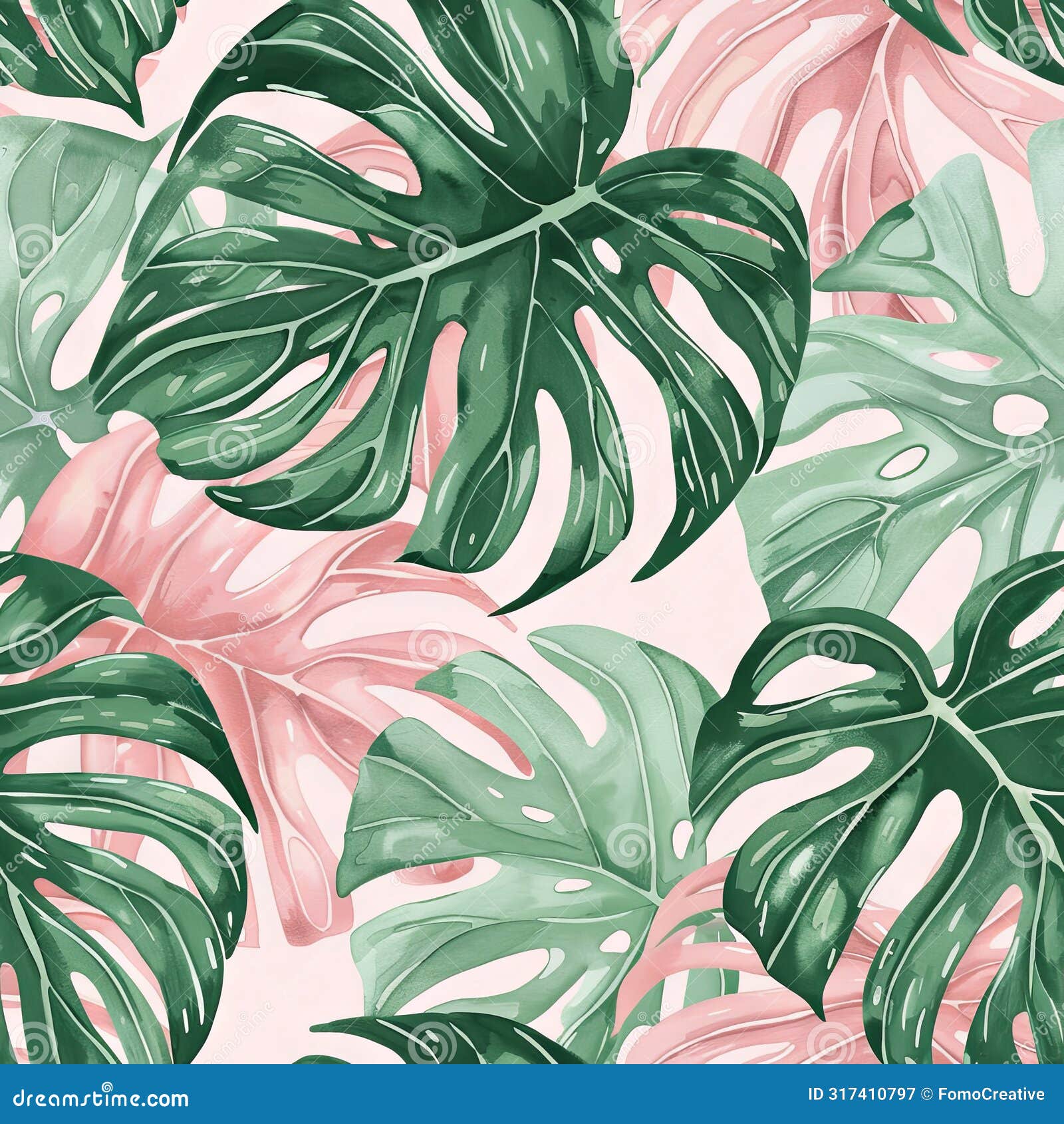 pink and green leaves converge in a vibrant pattern against a serene white background