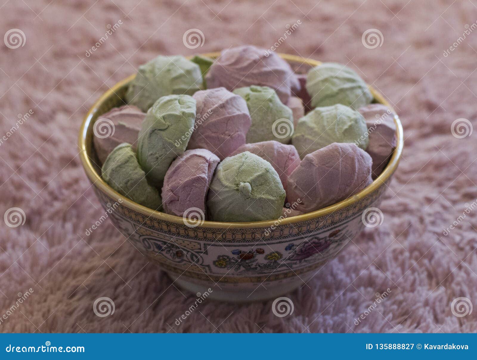 Pink and Green Marshmallows in Plate Stock Image Image of candy