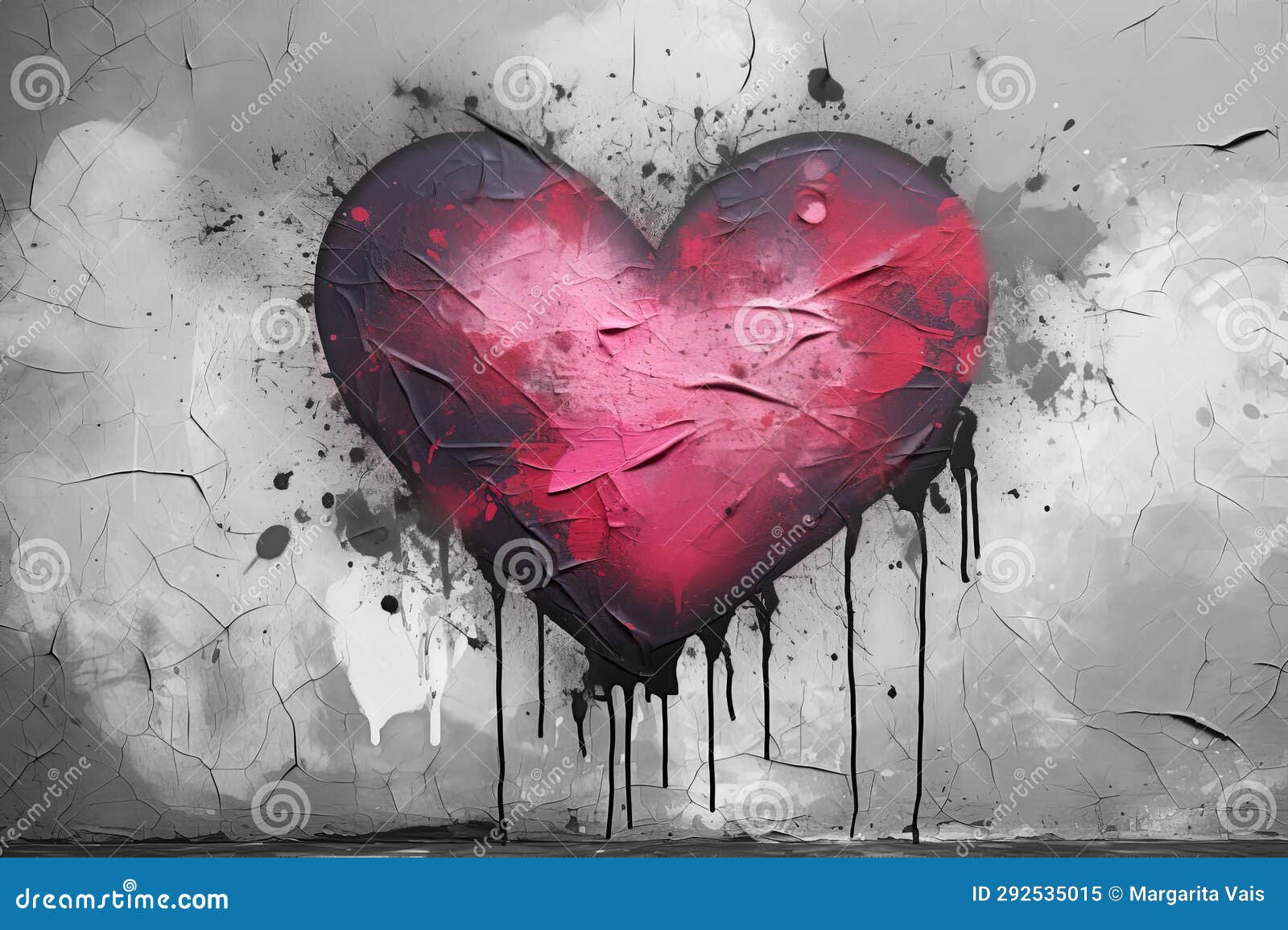 Pink Heart Painted with Spray Paint on a Cracked Grey Wall Stock