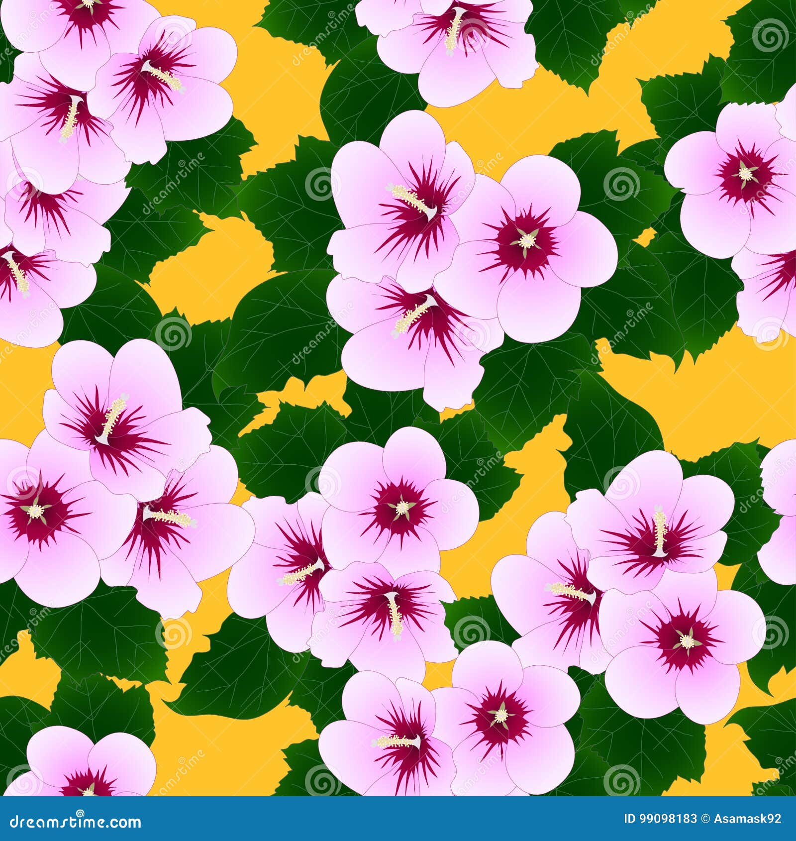 Pink Hibiscus Syriacus - Rose of Sharon on Yellow Background. Vector