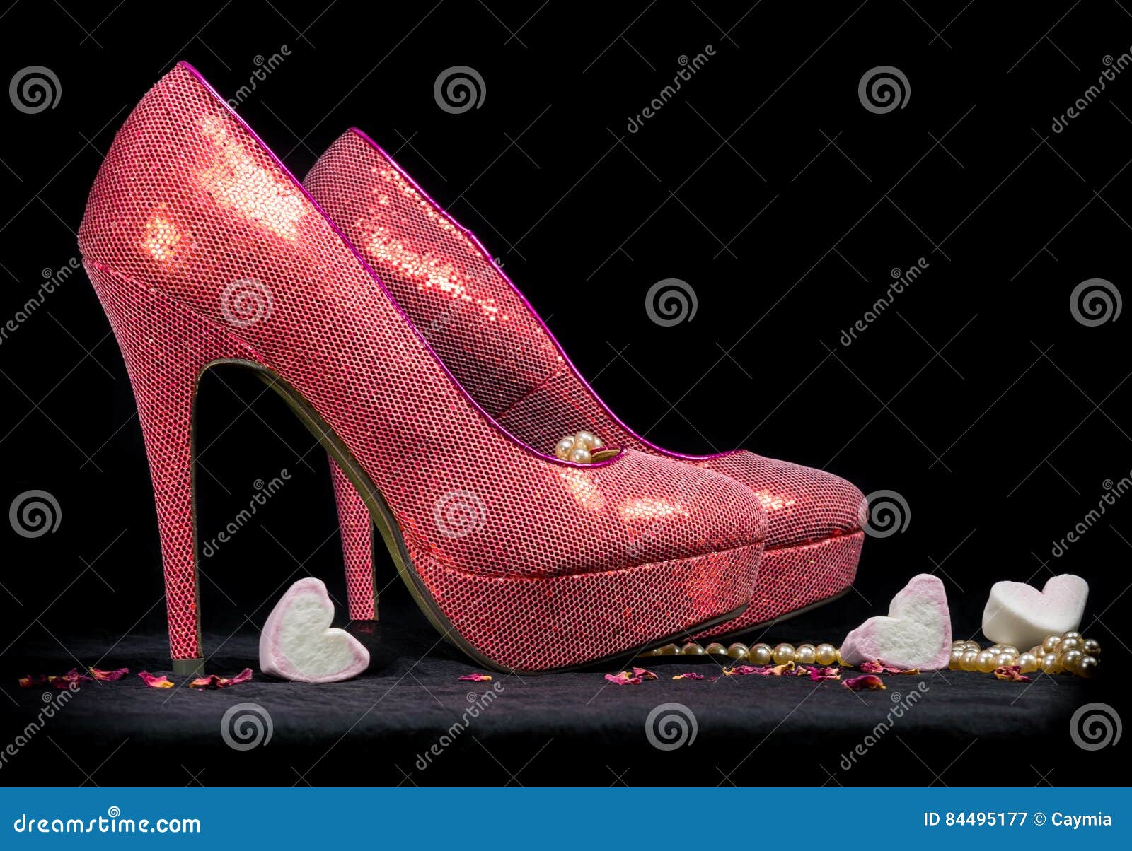 Pink High Heel Shoes on Black Background. Stock Image - Image of copy ...