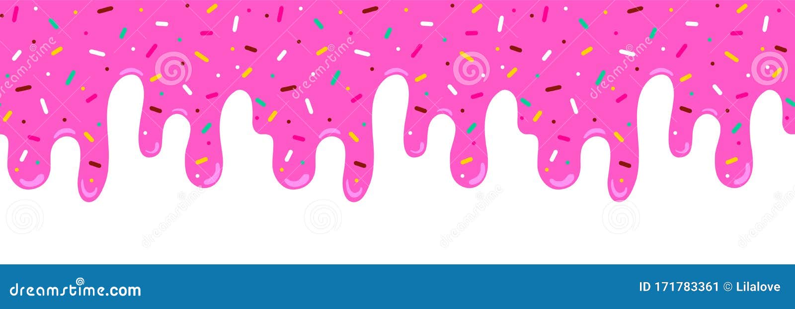 pink ice cream melted with colorful cute candy sprinkles long border, banner seamless pattern