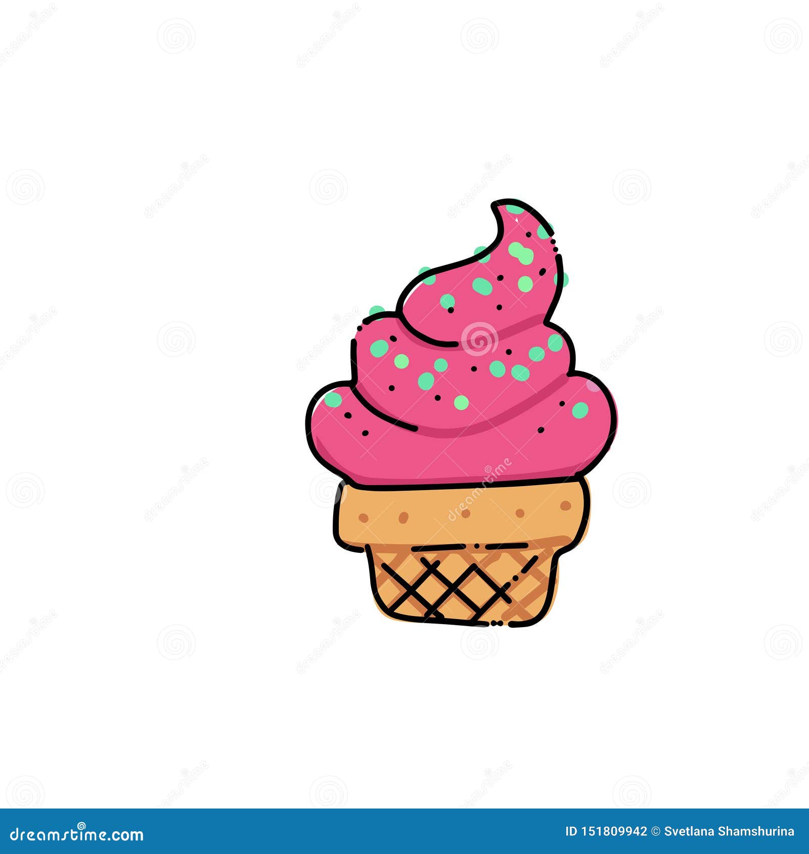 Pink Ice Cream in Waffle Cone Sketch. Hand Drawn Cartoon Isolated  Illustration on a White Background Stock Vector - Illustration of cold,  fresh: 151809942