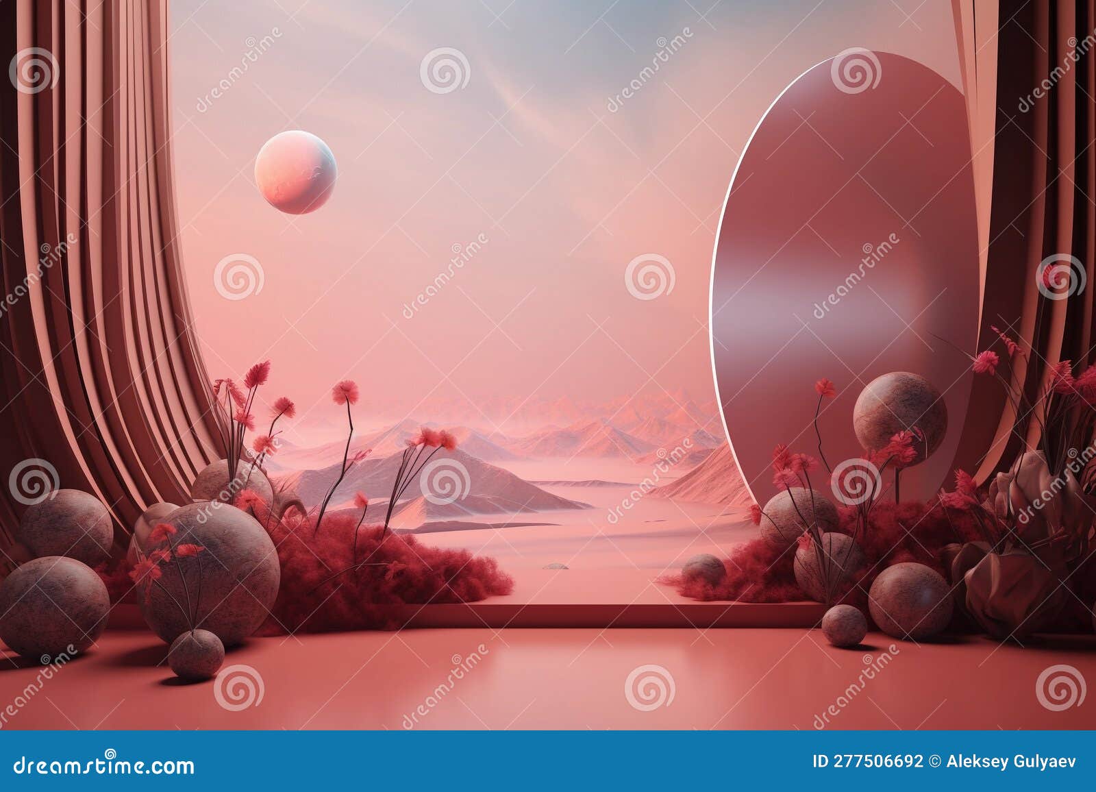 a pink landscape with a round door and a round door that he world is on the top right