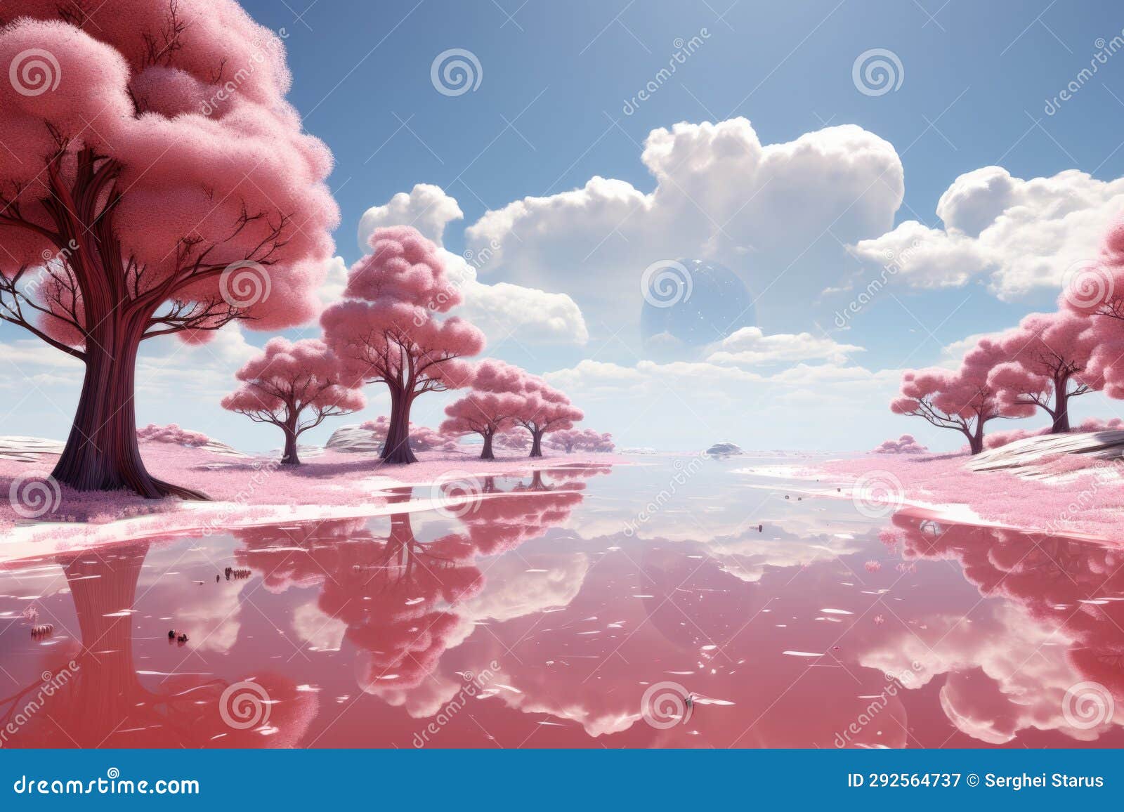 A Pink Landscape with Trees and Water, AI Stock Image Image of