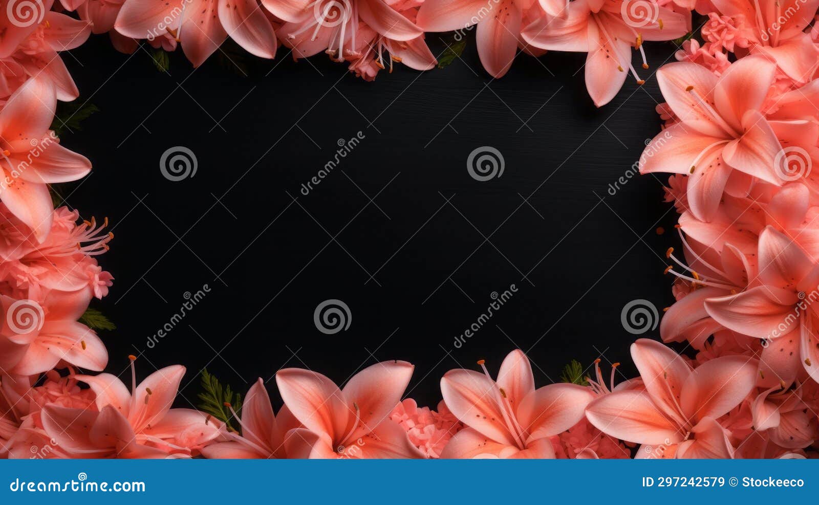 elaborate border of pink lily flowers on black background