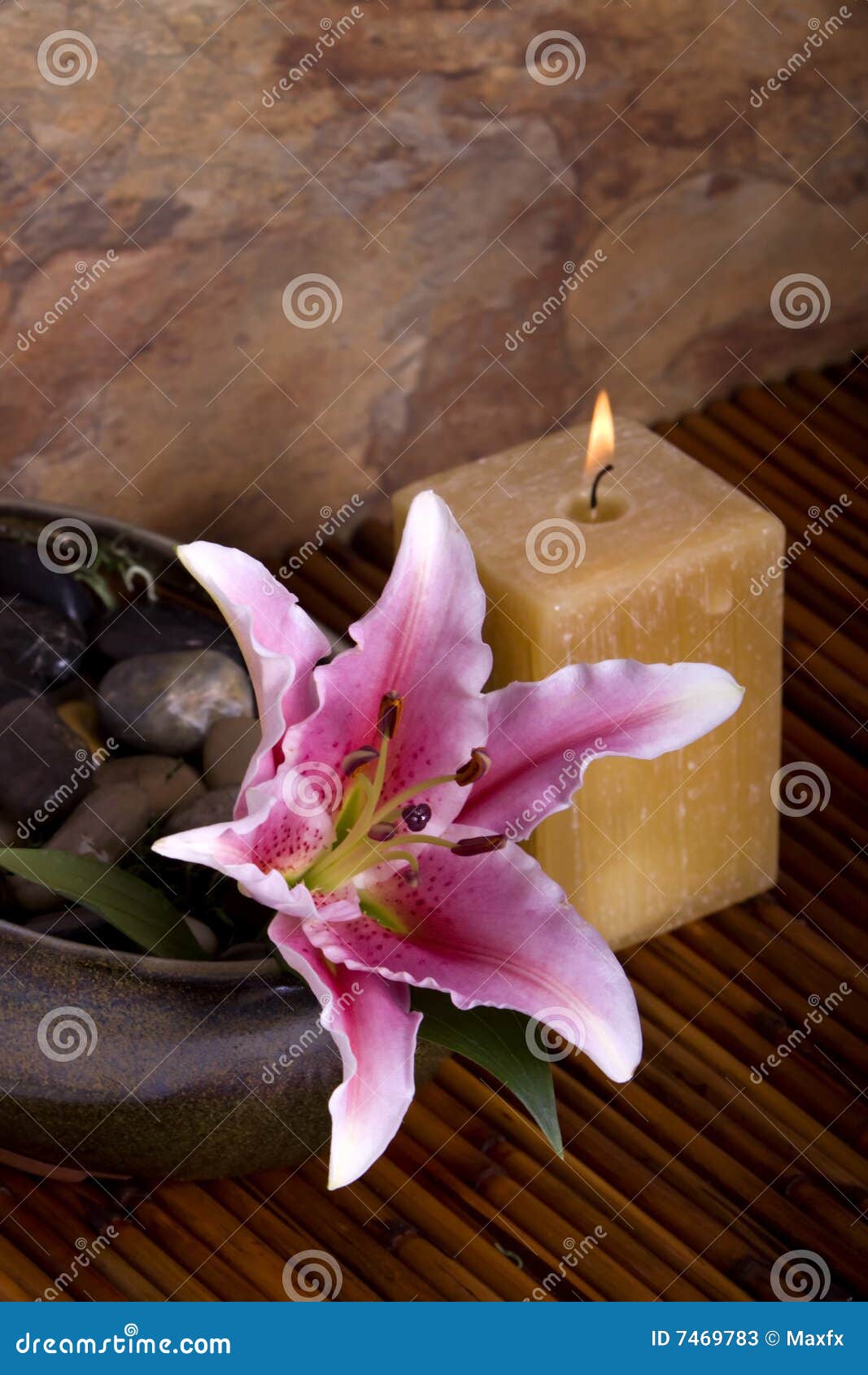 Pink Lily Flower and Candle on Bamboo Stock Image Image of bamboo