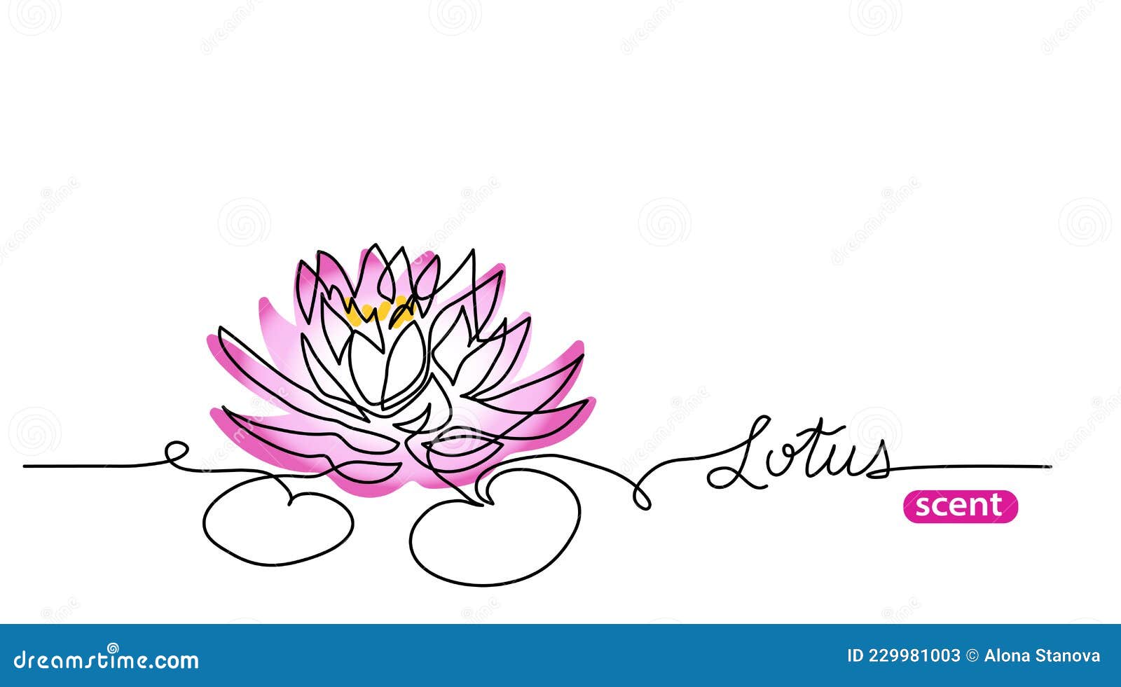 pink lotus flower one line art drawing. simple  line  for label  with lettering lotus scent