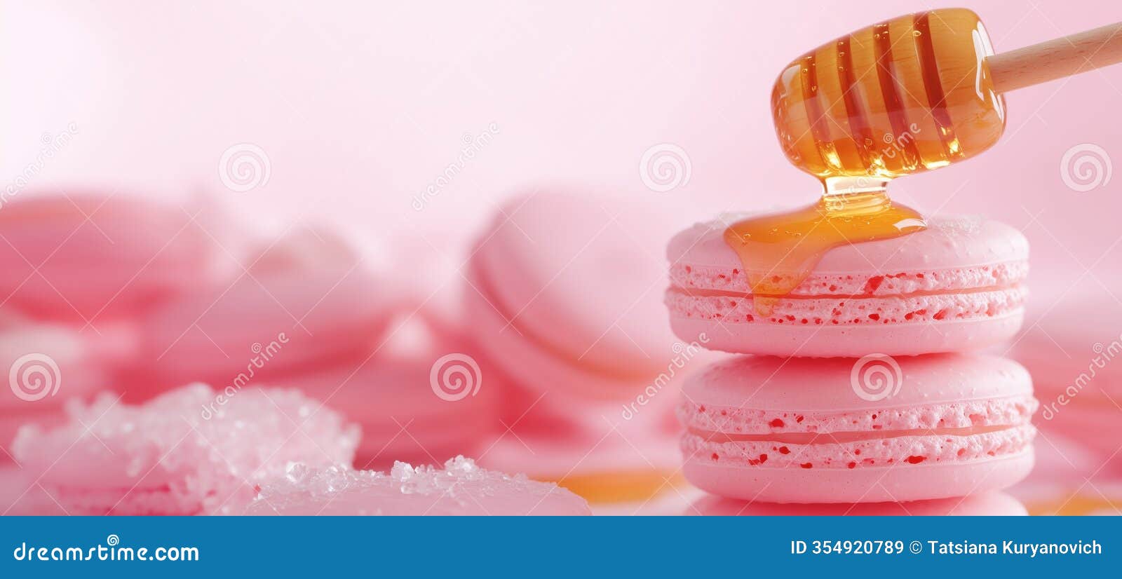 pink macarons with honey drizzle, soft pastel colors, sweet dessert, delicate texture, gourmet treat, elegant