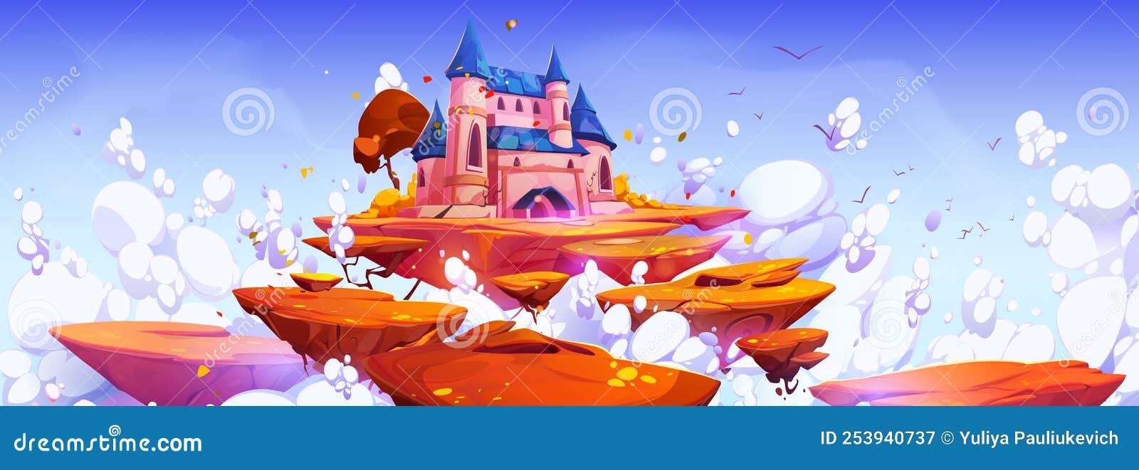 pink magic castle on floating island in blue sky
