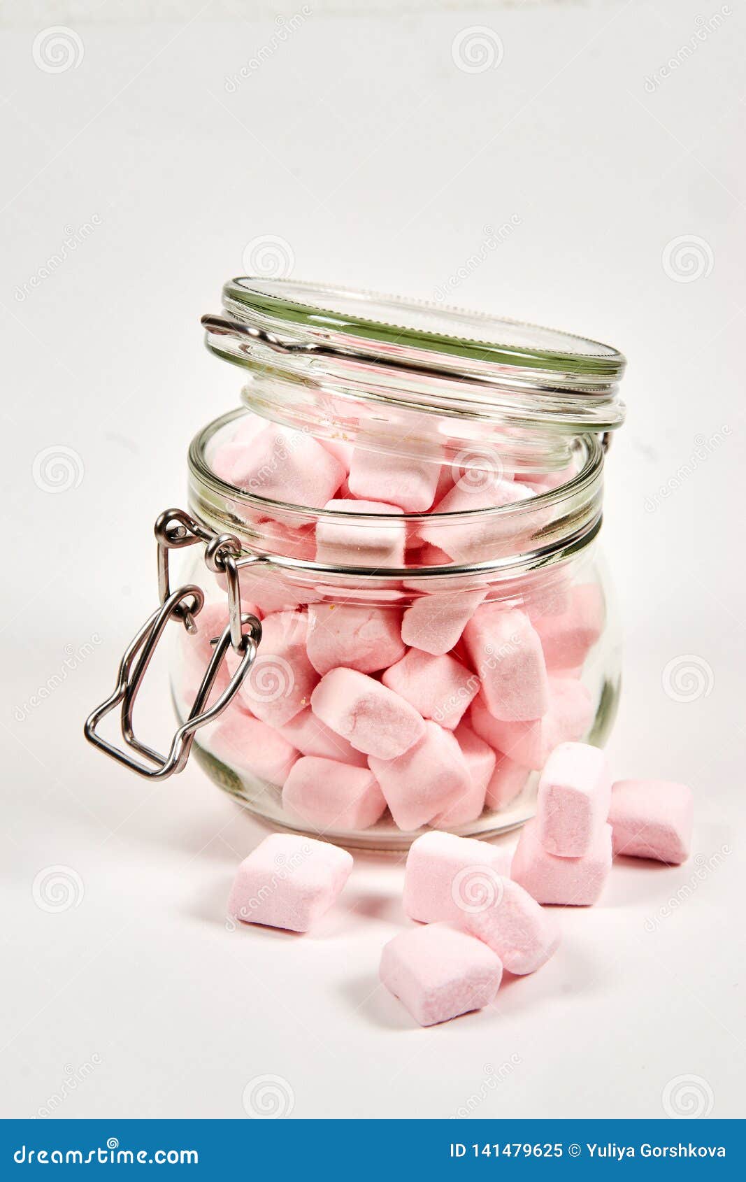 Pink Marshmallows in the Glass Jar, on White Background Stock Image