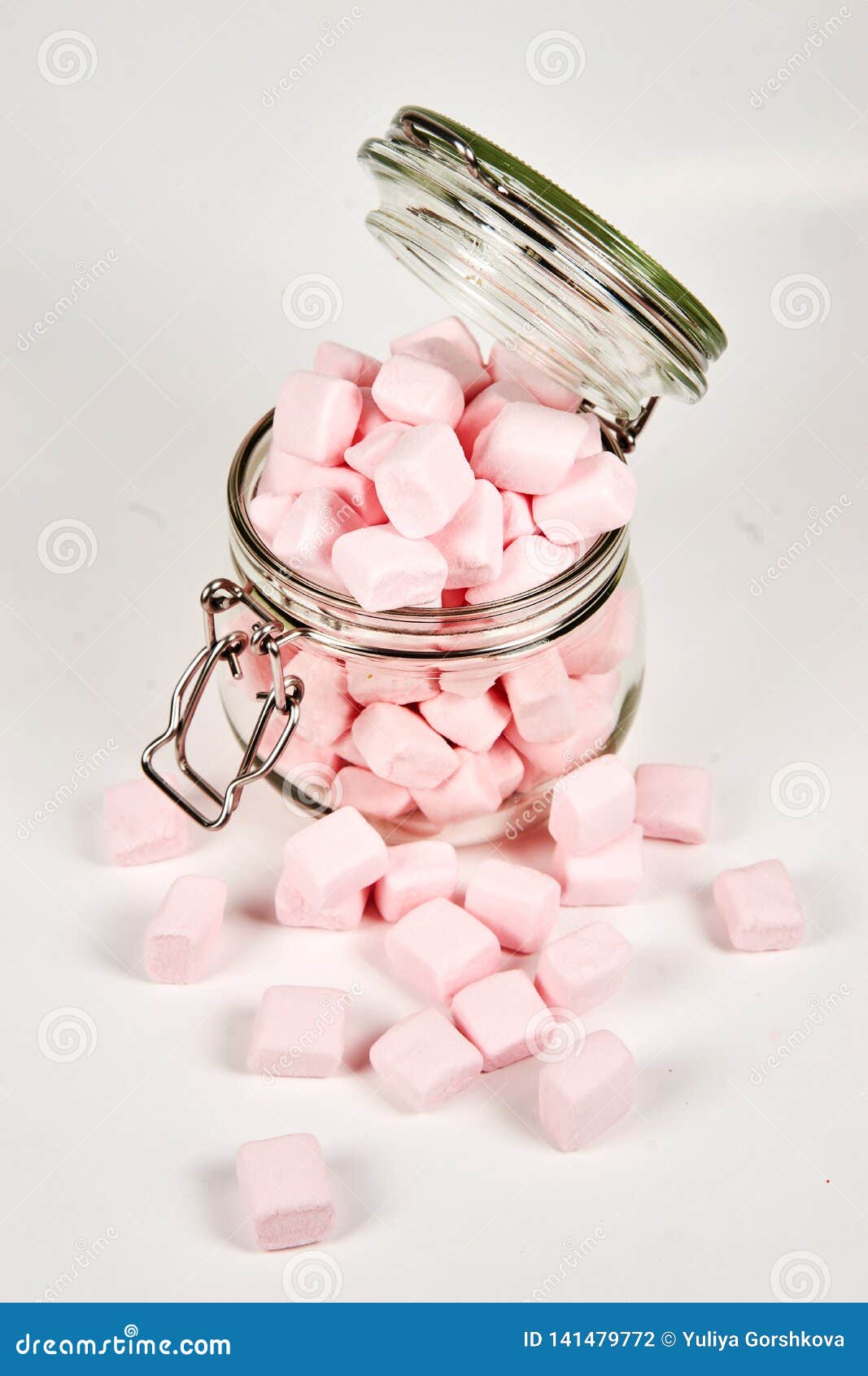 Pink Marshmallows in the Glass Jar, on White Background Stock Photo