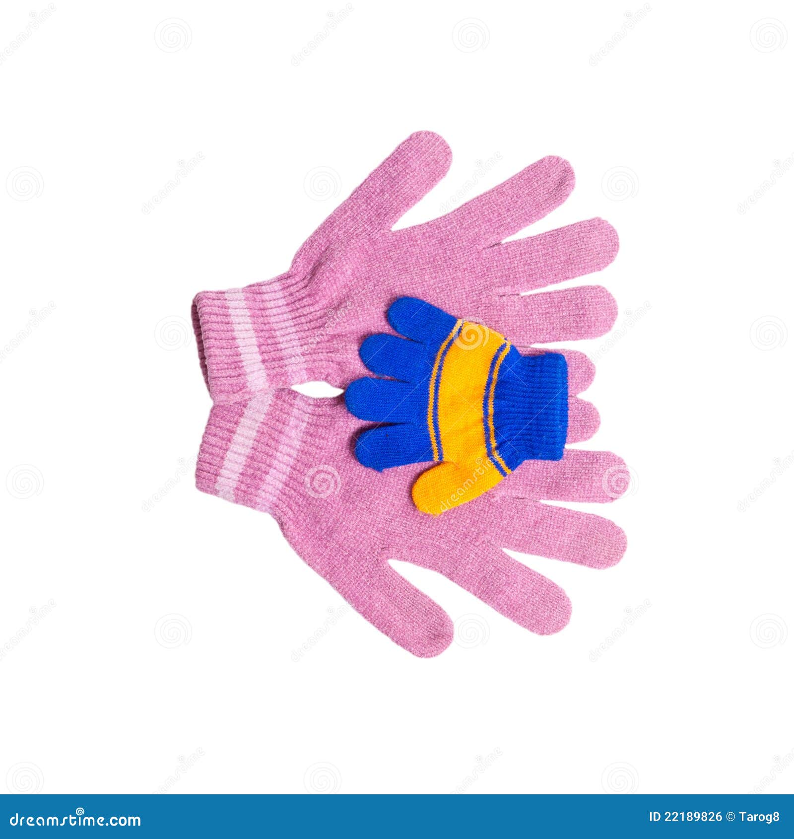 Pink mom s gloves holding small babies glove. Pink mom s gloves holding small babies stripped glove isolated on white background