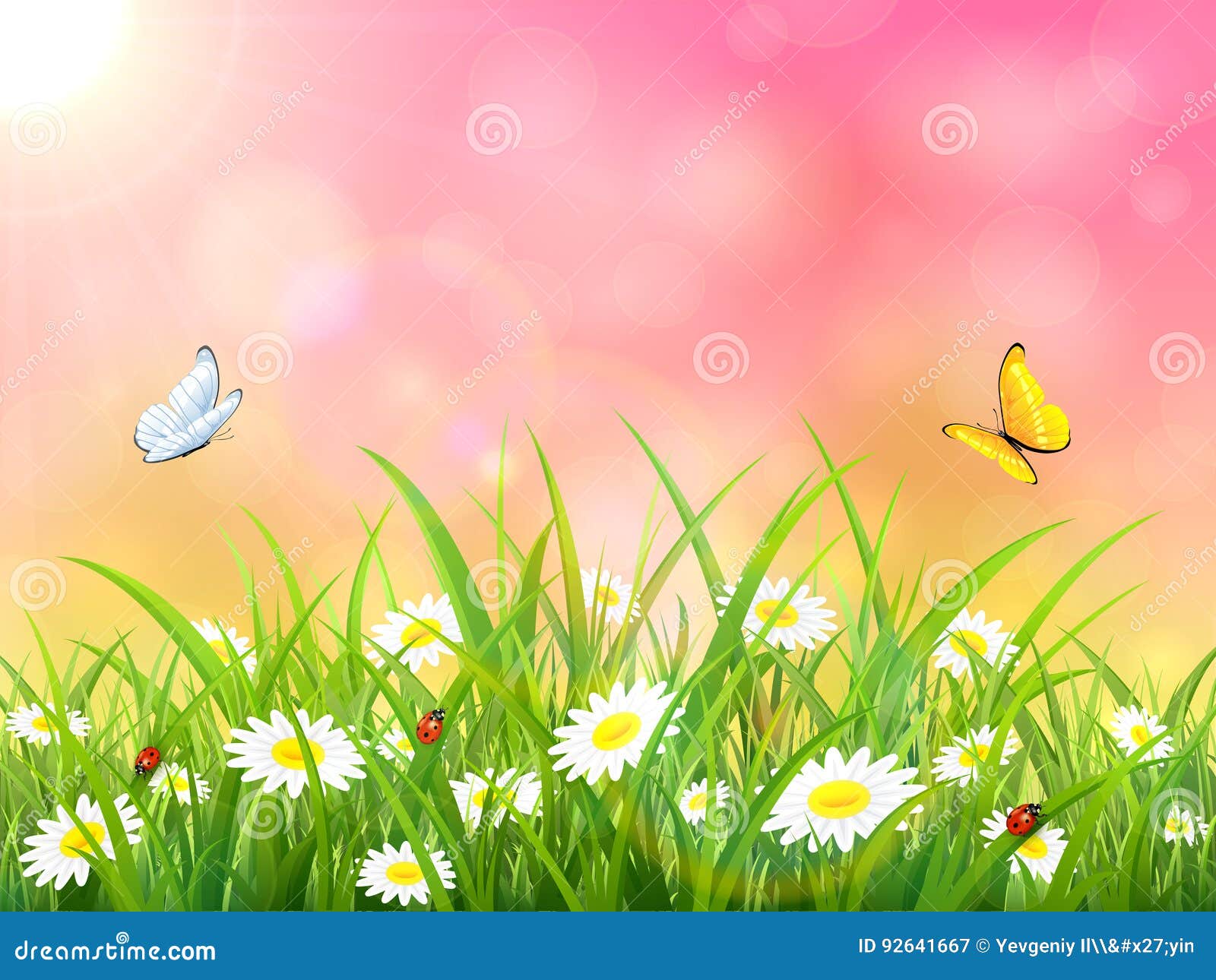 Pink Nature Background with Sun and Butterflies Stock Vector - Illustration  of morning, idyllic: 92641667
