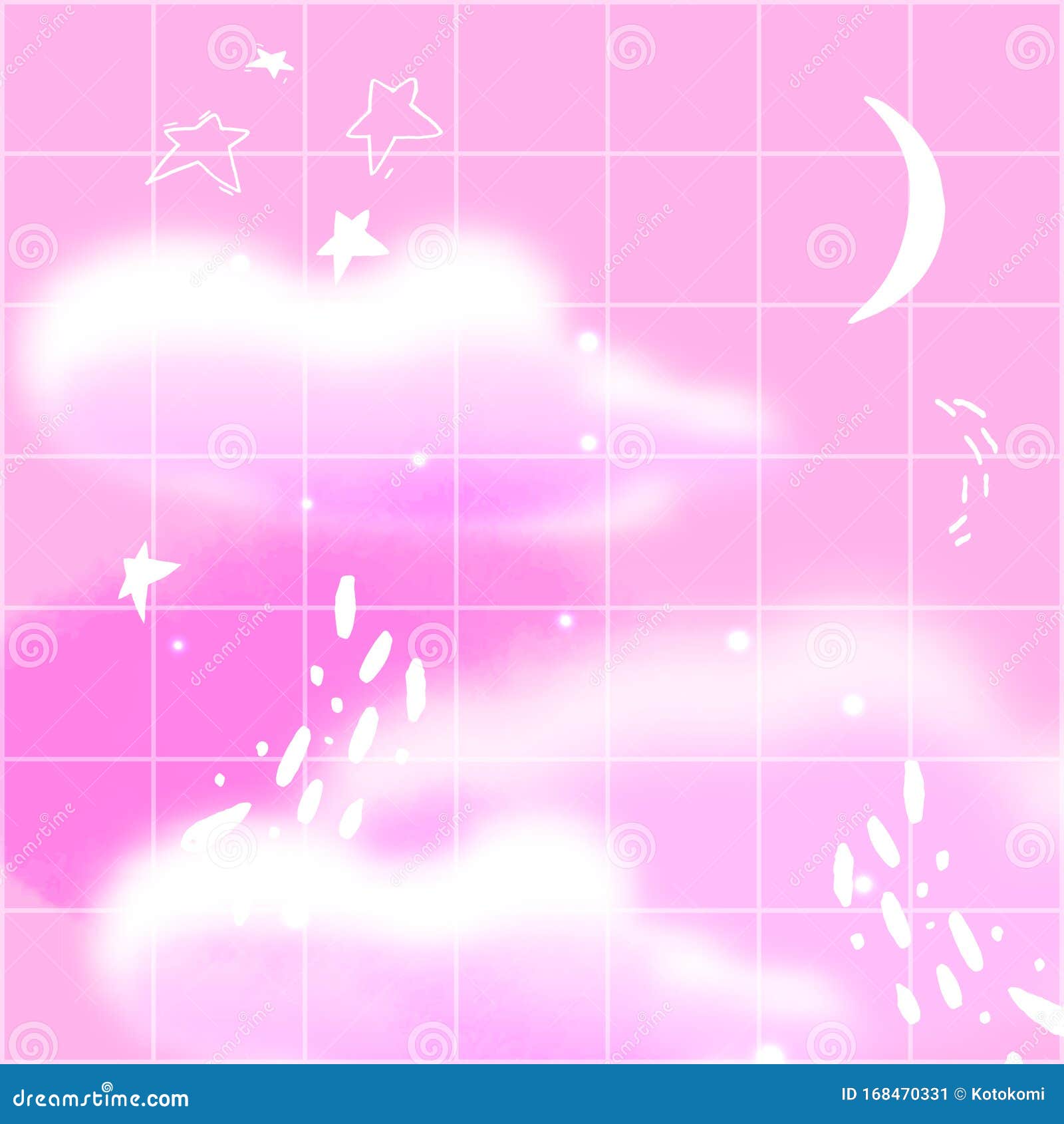 pink night sky with cresent, fluffy clouds and hand darwn stars. dream aesthetics , retro fantasy background