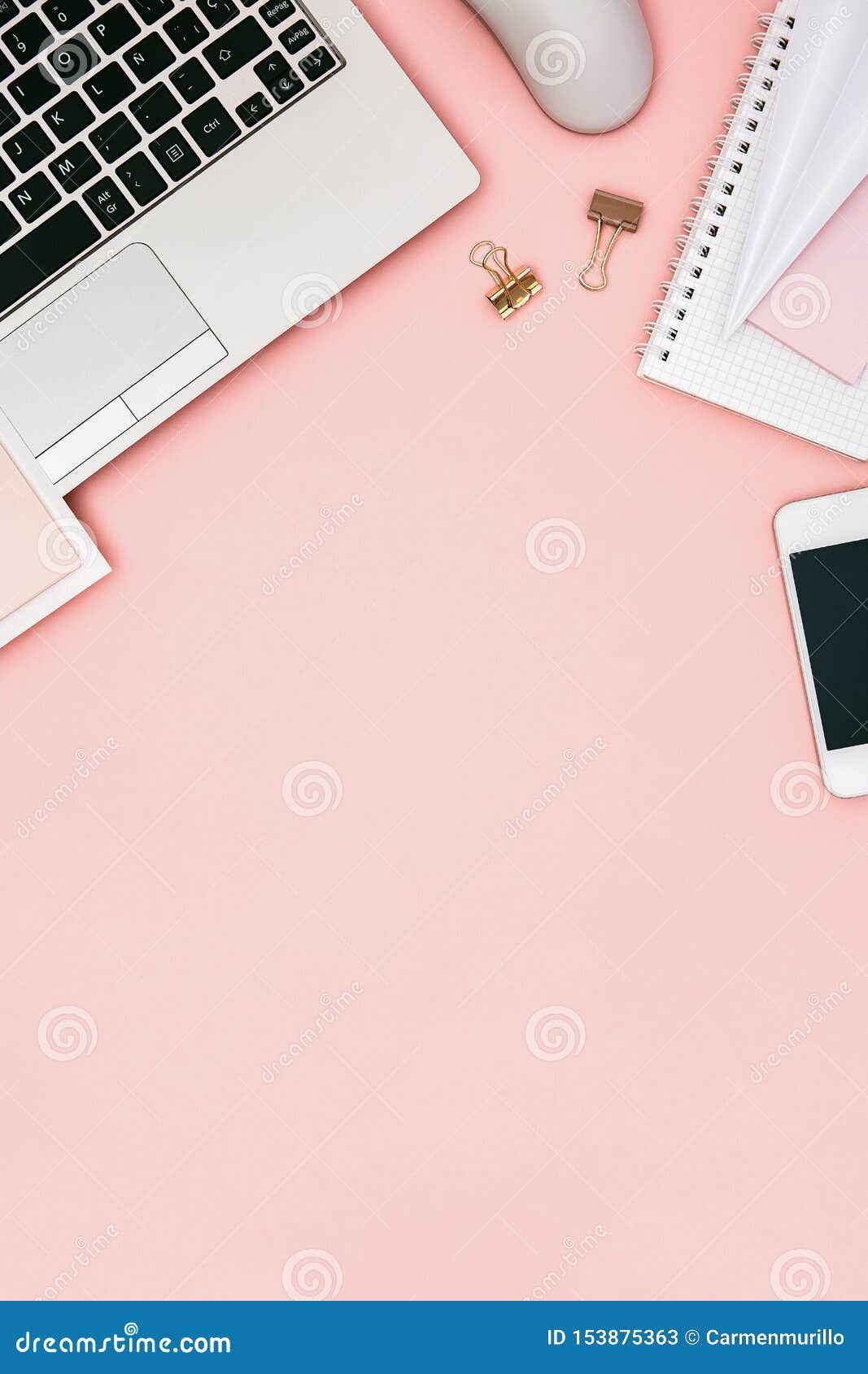 Pink Office Desk With Electronic Devices And Copy Space Stock Image Image Of Pink Feminine 153875363