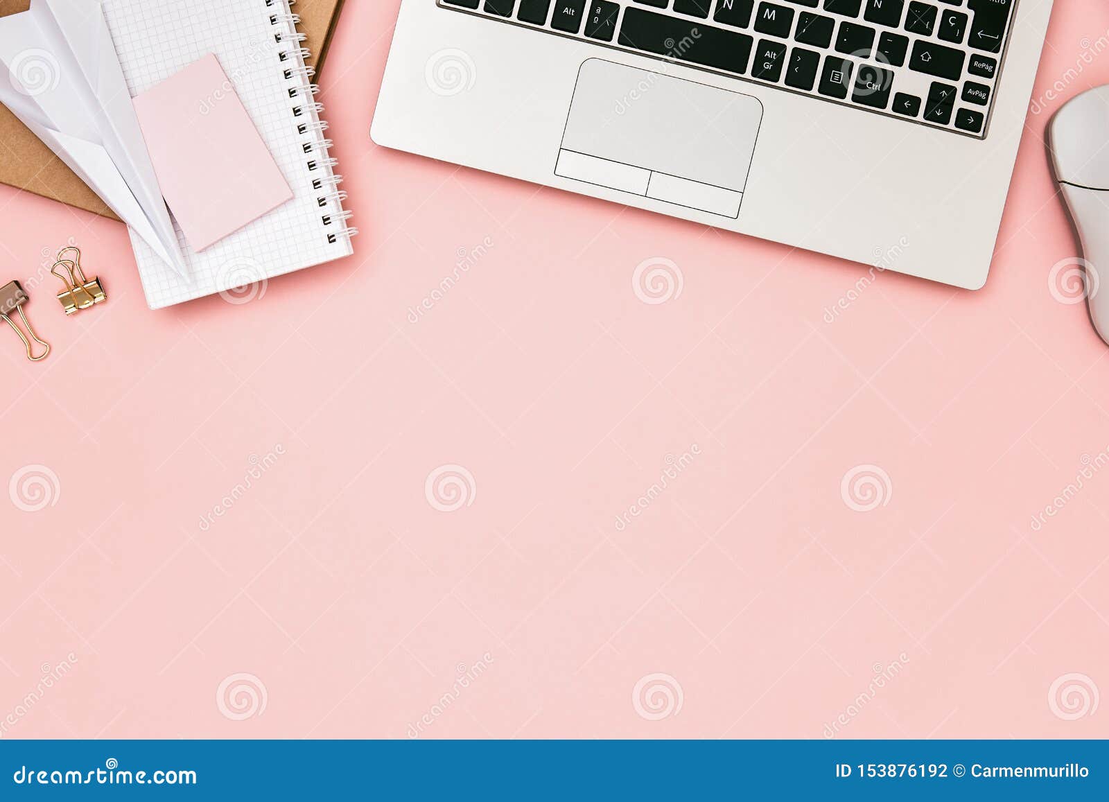Pink Office Desk Table with Laptop and Copy Space Stock Photo - Image ...