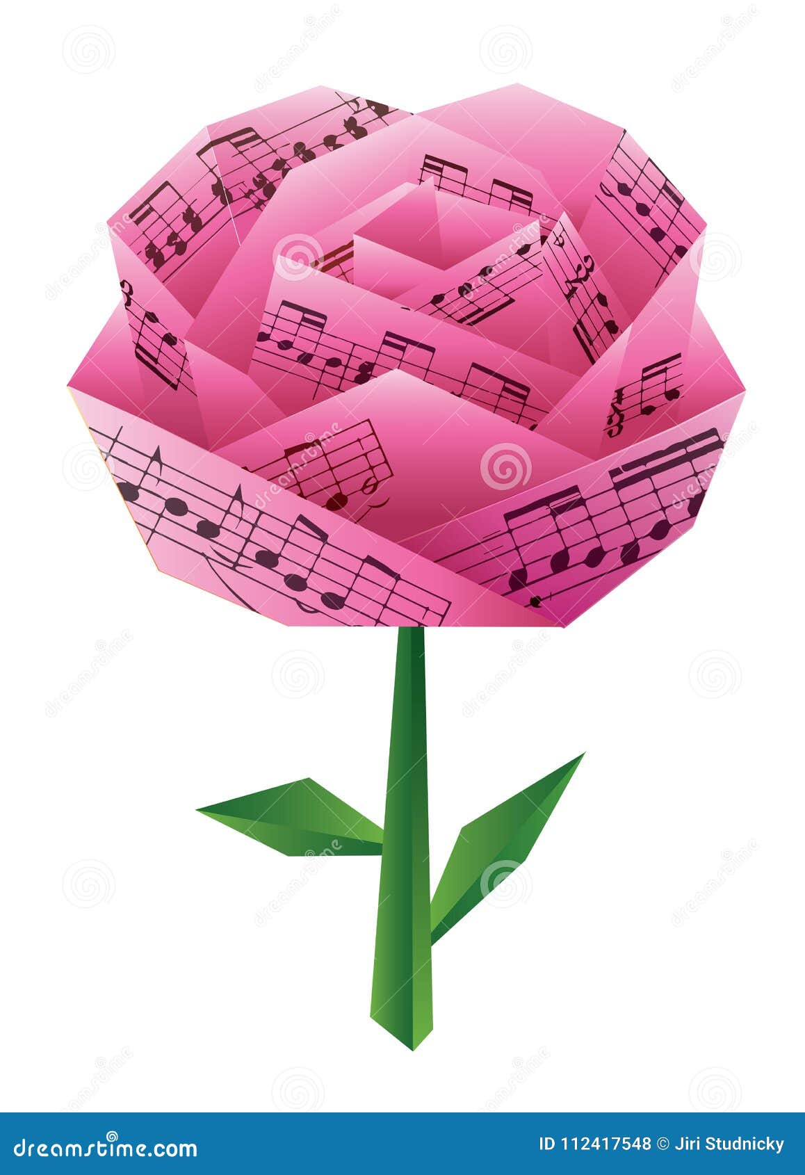 Pink Origami Rose with Musical Notes. Stock Vector Illustration of