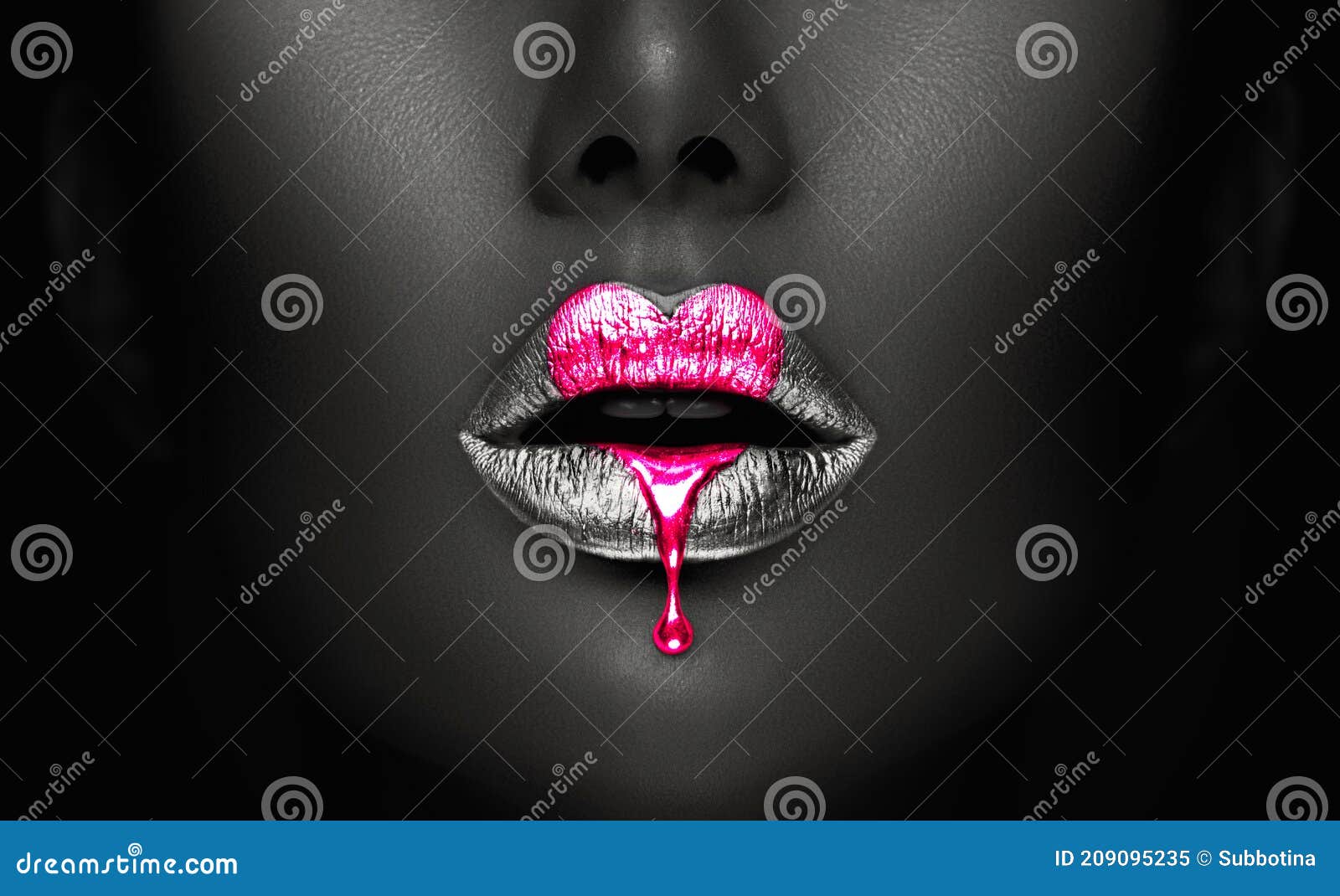 pink paint lipgloss drops on sexy lips, bright liquid paint on beautiful model girl's mouth. valentine's day