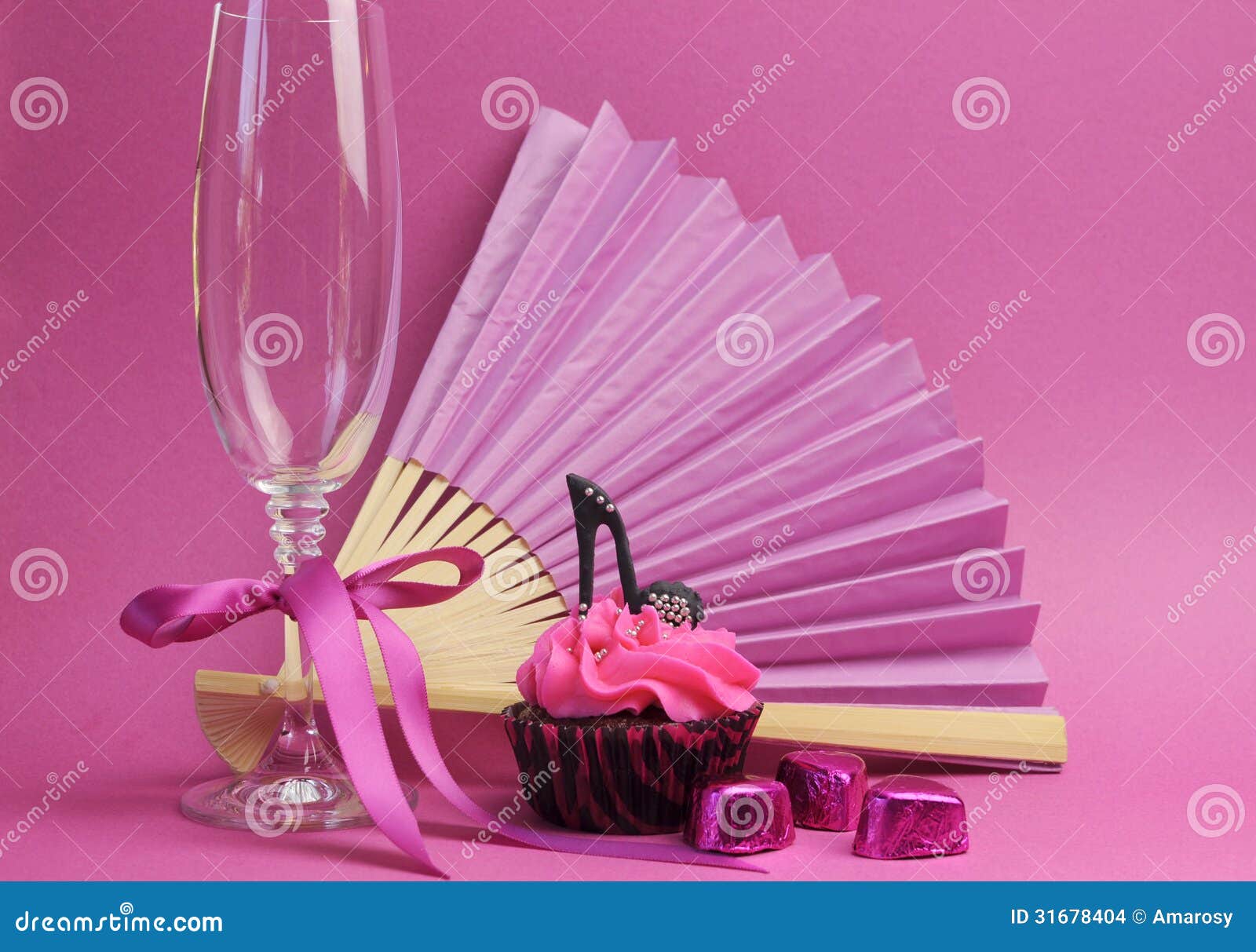 Pink Party Decorations With Fan Champagne Glass And High Heel