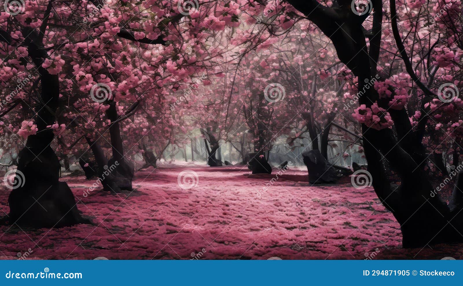 surrealistic forest path with pink flowers
