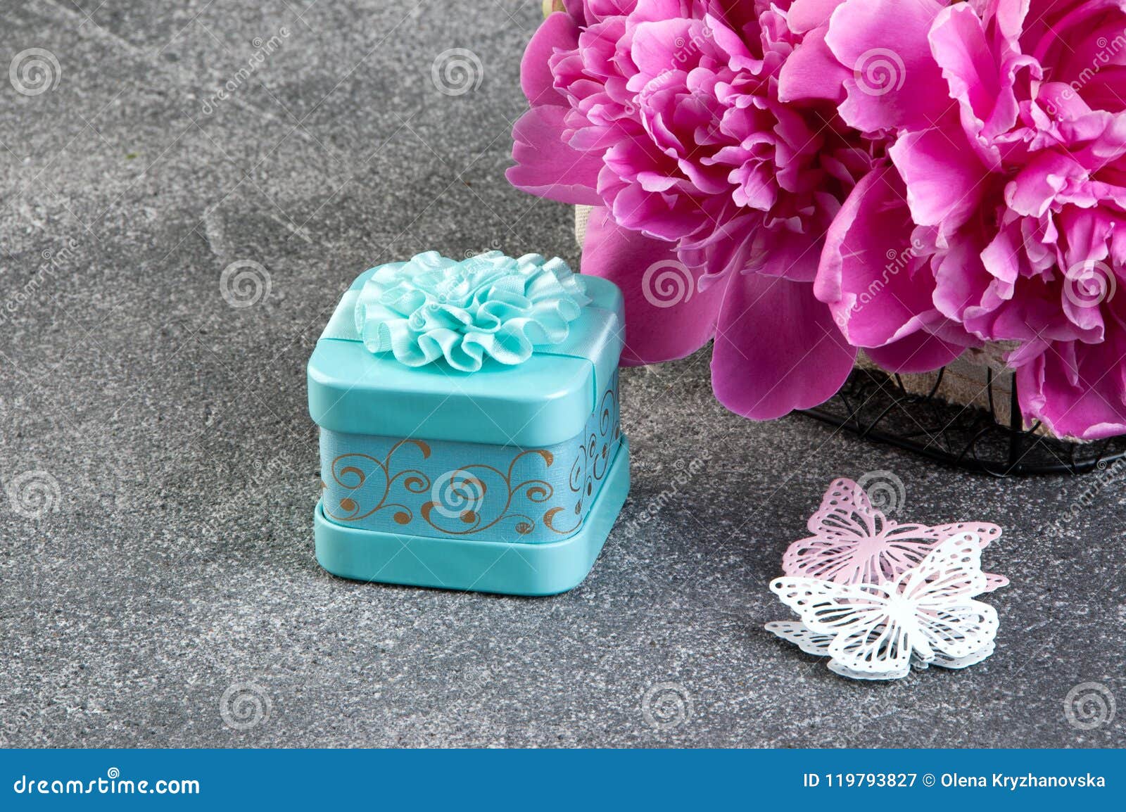 Pink Peony, Aquamarine Gift Box and Butterflies Stock Image - Image of ...