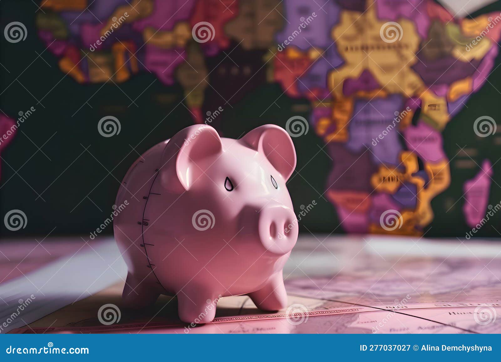 Pink Piggy Bank on the World Map, Generative AI 7 Stock Illustration 