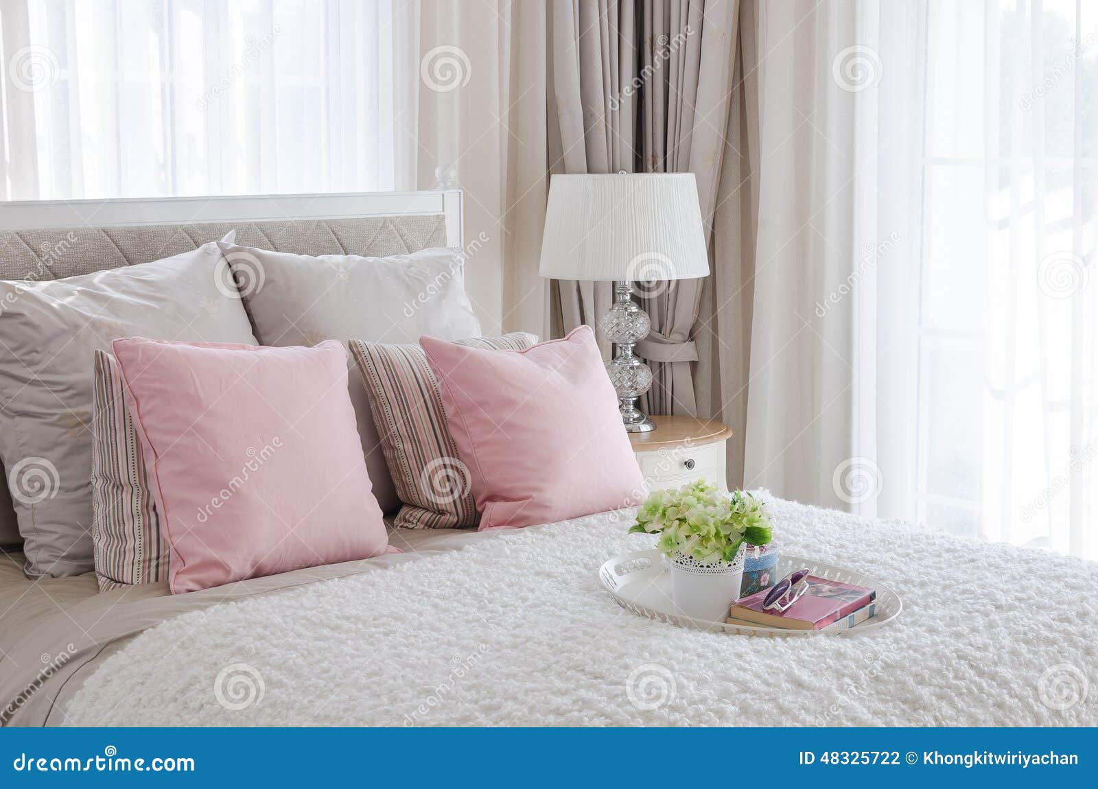Pink Pillows on Bed with Tray of Flower Stock Photo Image of clean