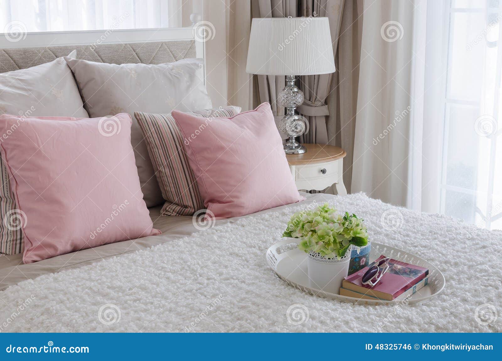 Pink Pillows on Bed with White Tray of Flower Stock Photo Image of residential, pillow 48325746