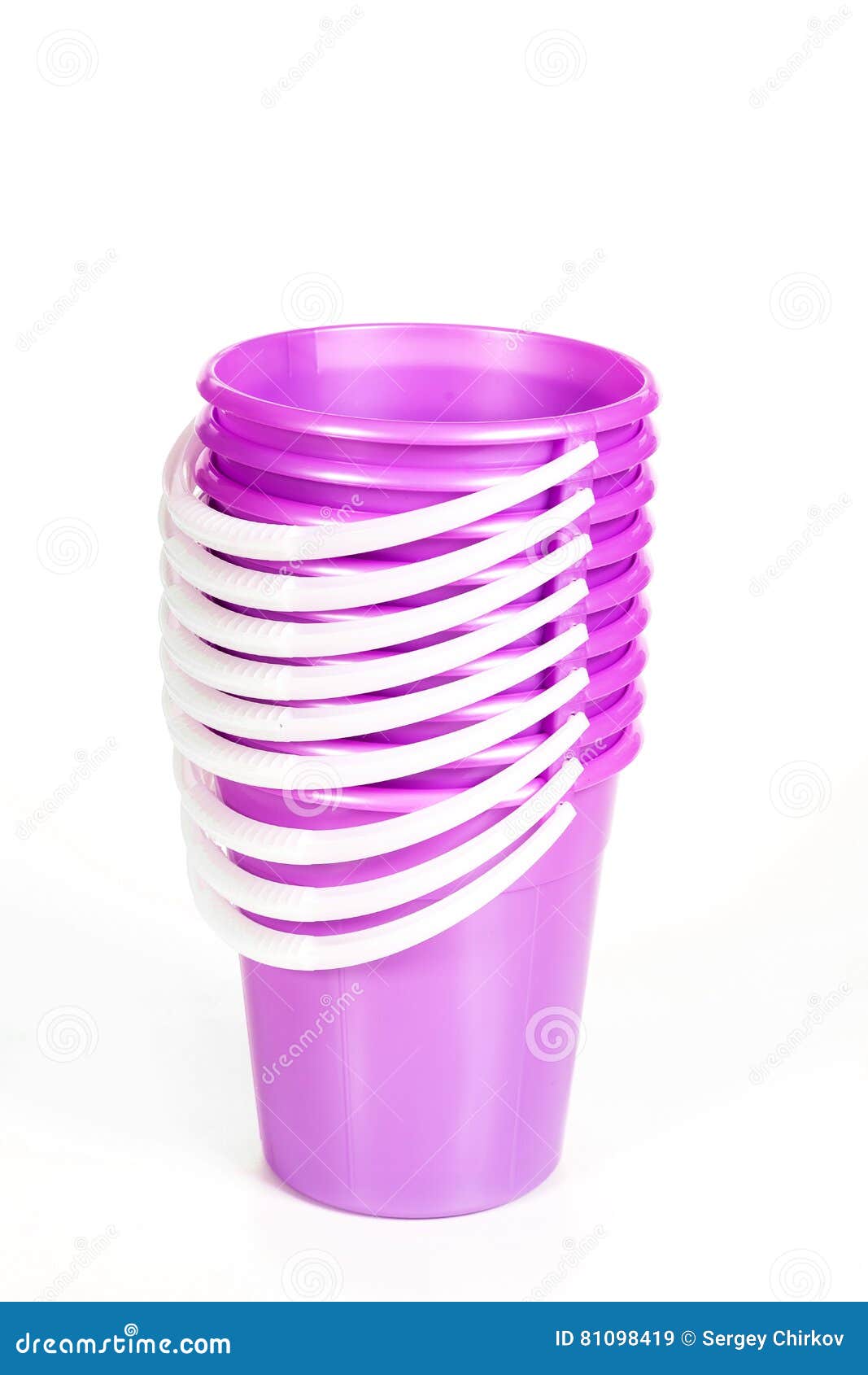 Pink plastic buckets stock image. Image of wash, bailer 81098419
