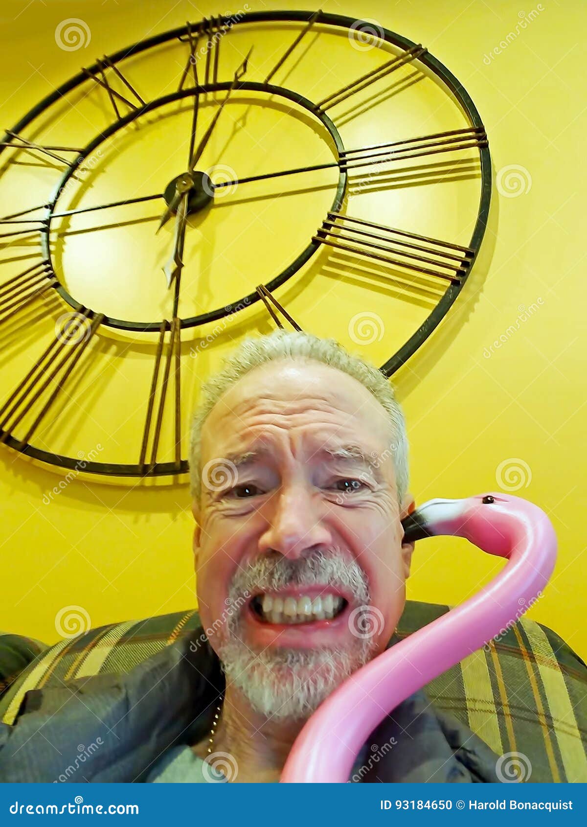 pink plastic flamingo whispering into man`s ear