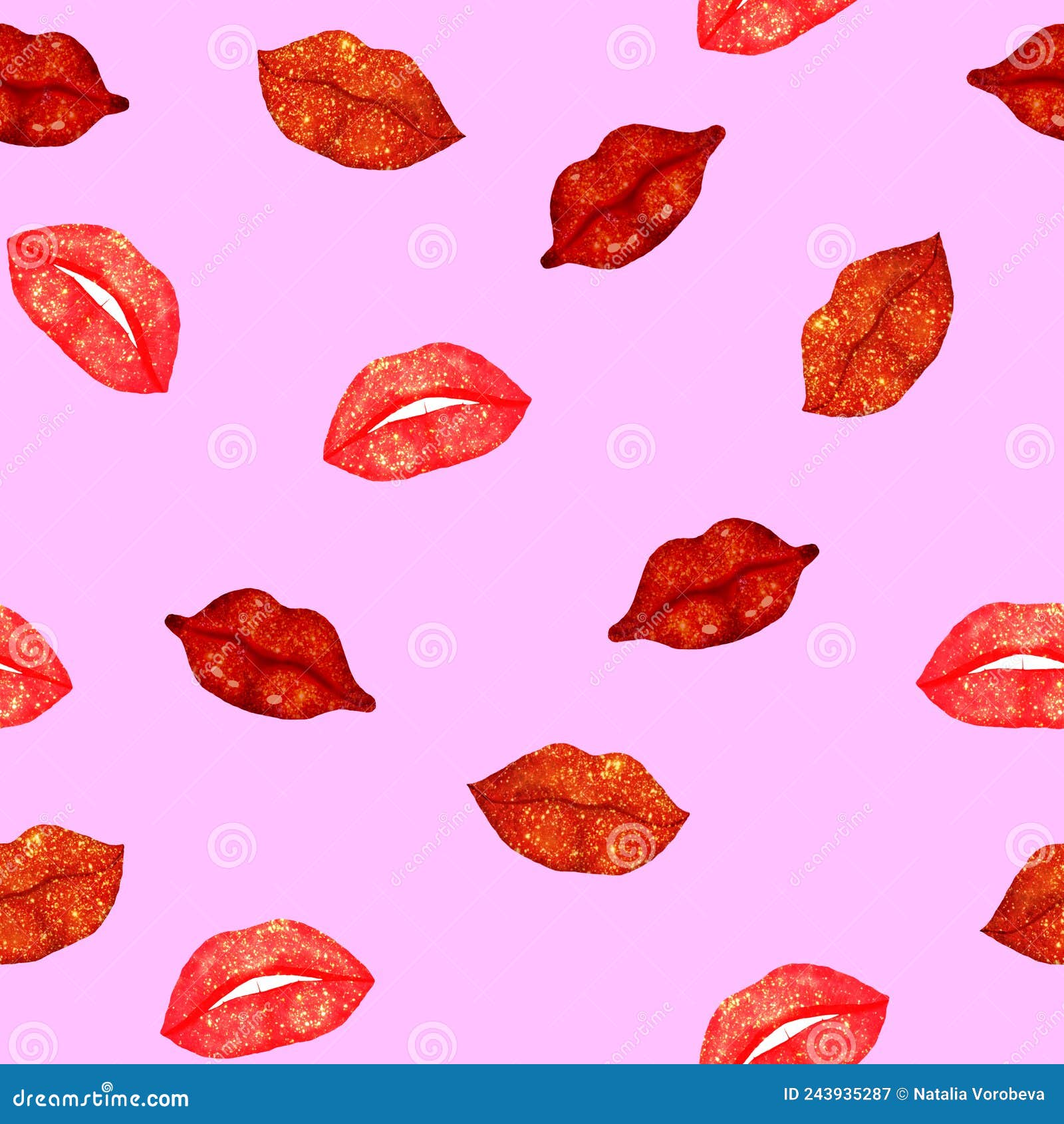 Pink and Red Glitter Lips Seamless Pattern on Pink Background Stock Illustration Illustration