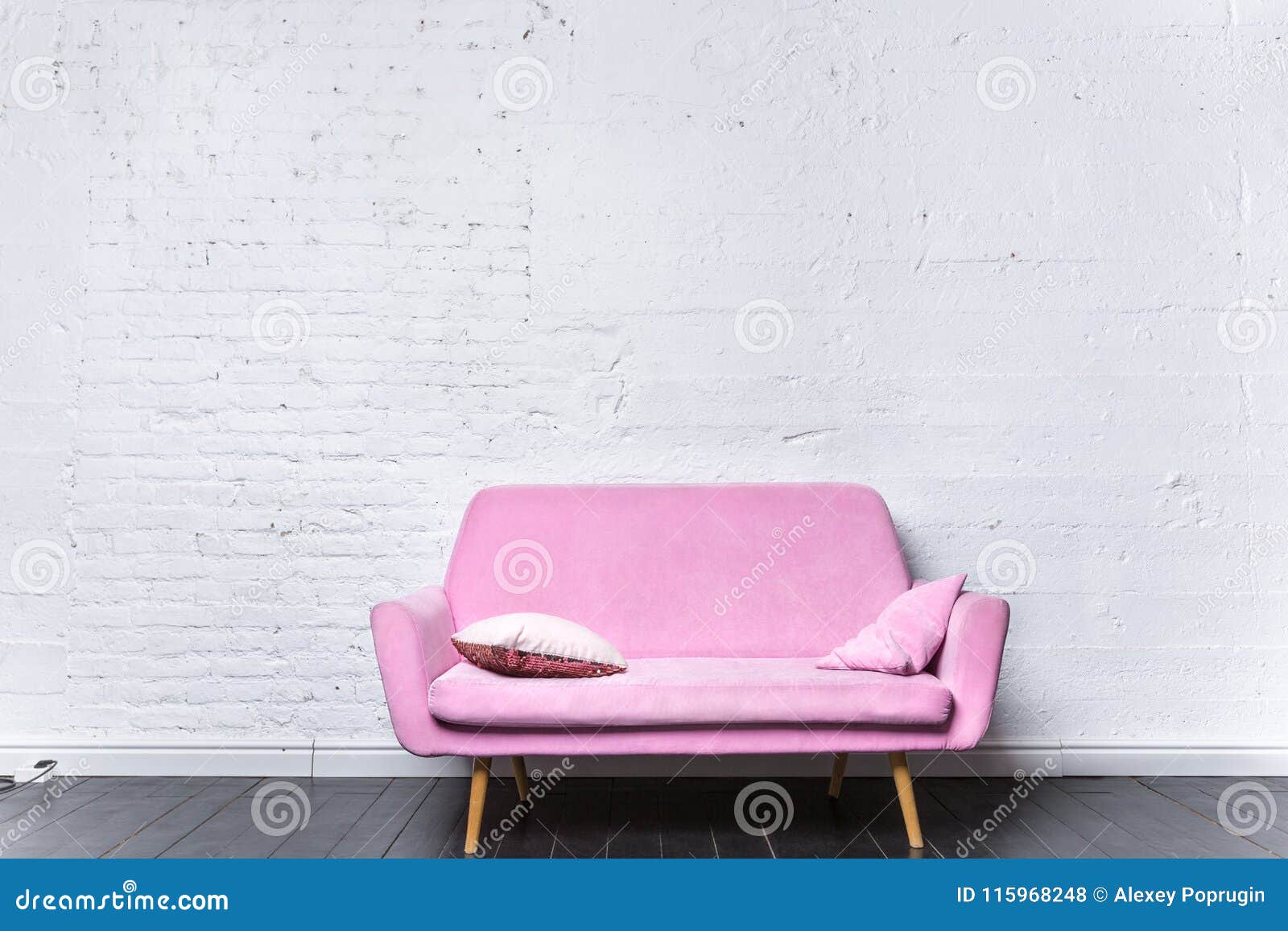 Pink Retro Sofa Against White Brick Wall Stock Photo Image of