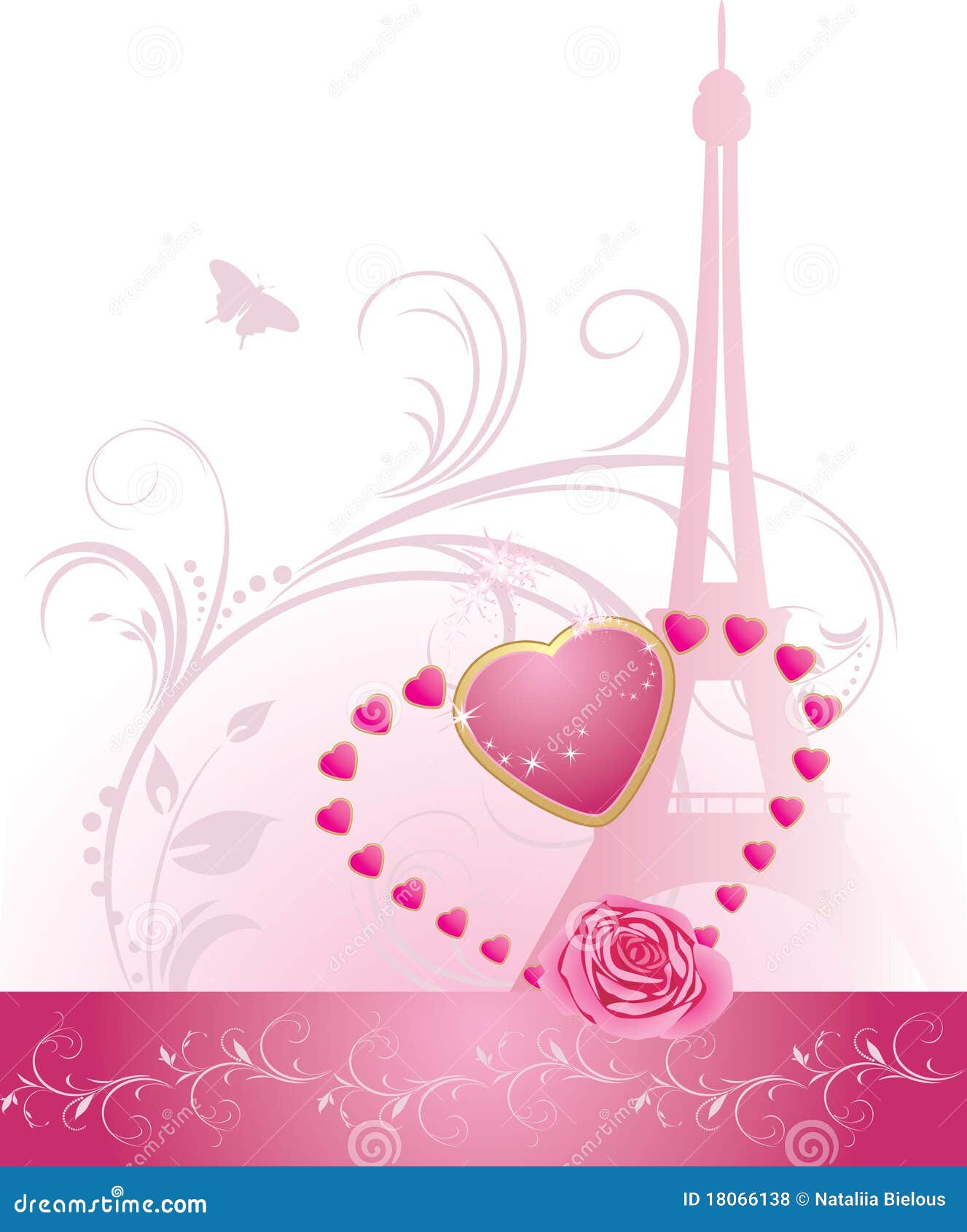 Pink Rose with Heart and Eiffel Tower. Banner Stock Vector - Illustration  of leaves, branch: 18066138