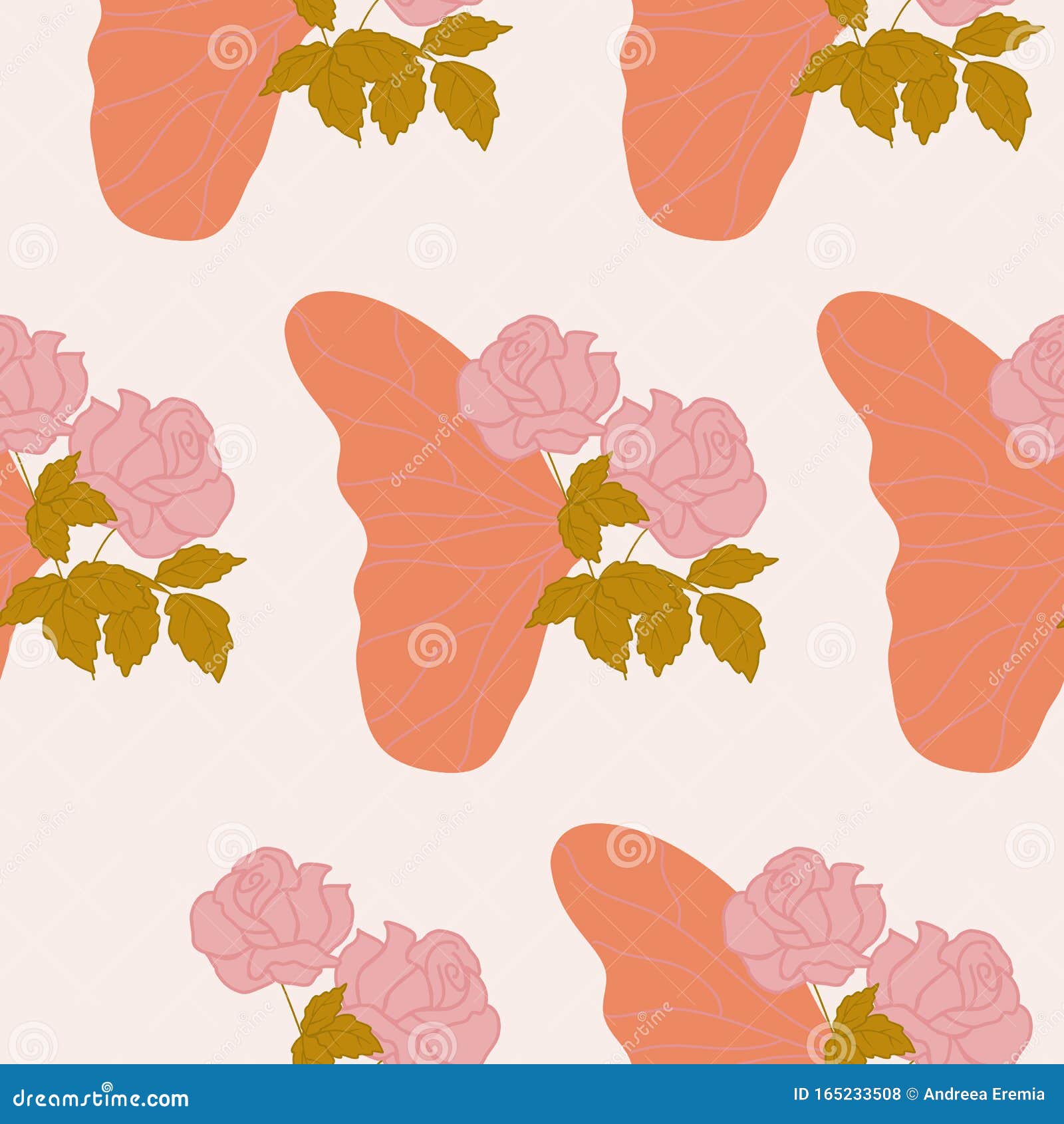 Pink Roses And Half A Butterfly Wing In A Seamless Pattern ...