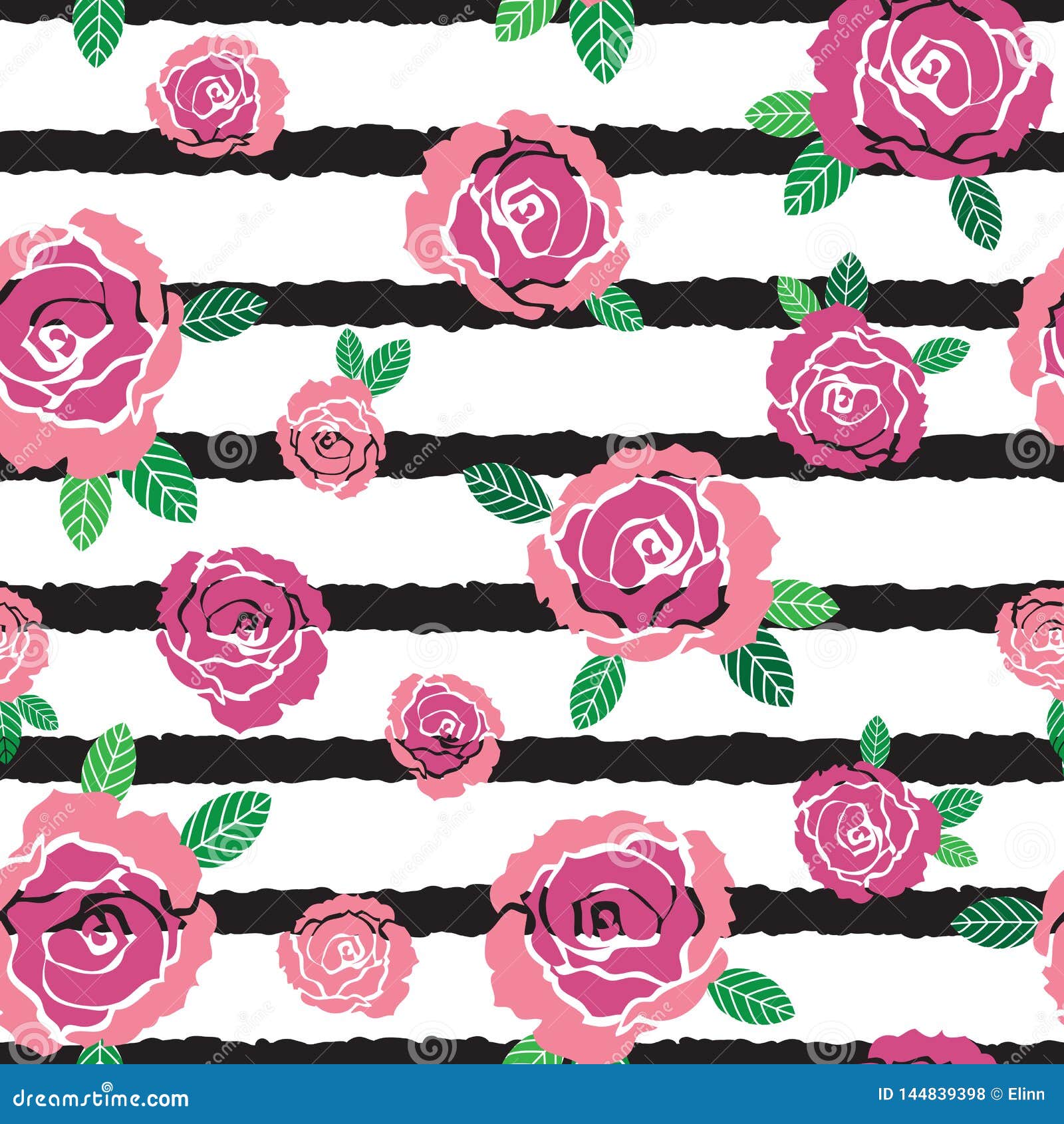 Pink Roses and Leaves on Black Striped Background Seamless Pattern