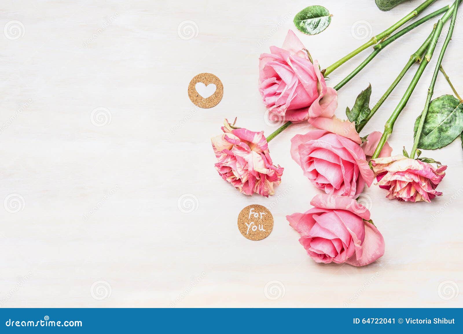 Pink Roses and Round Sign with Message for You and Heart on White ...