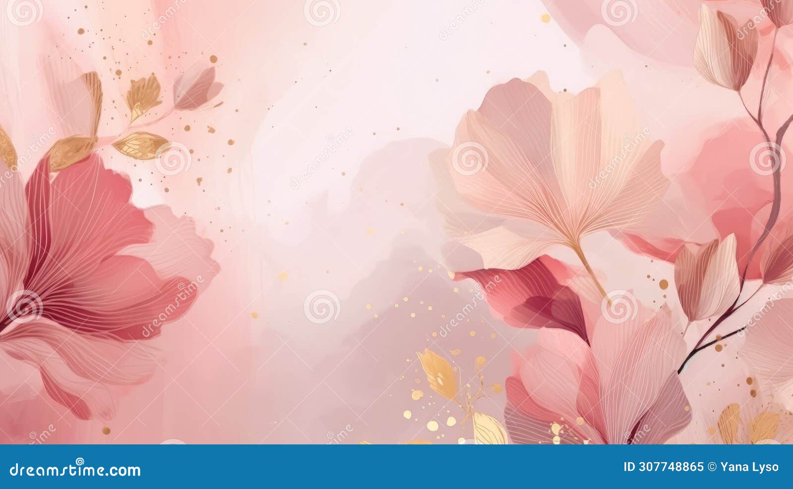 Pink Sakura Flowers with Golden Leaves and Sparkles. Abstract ...