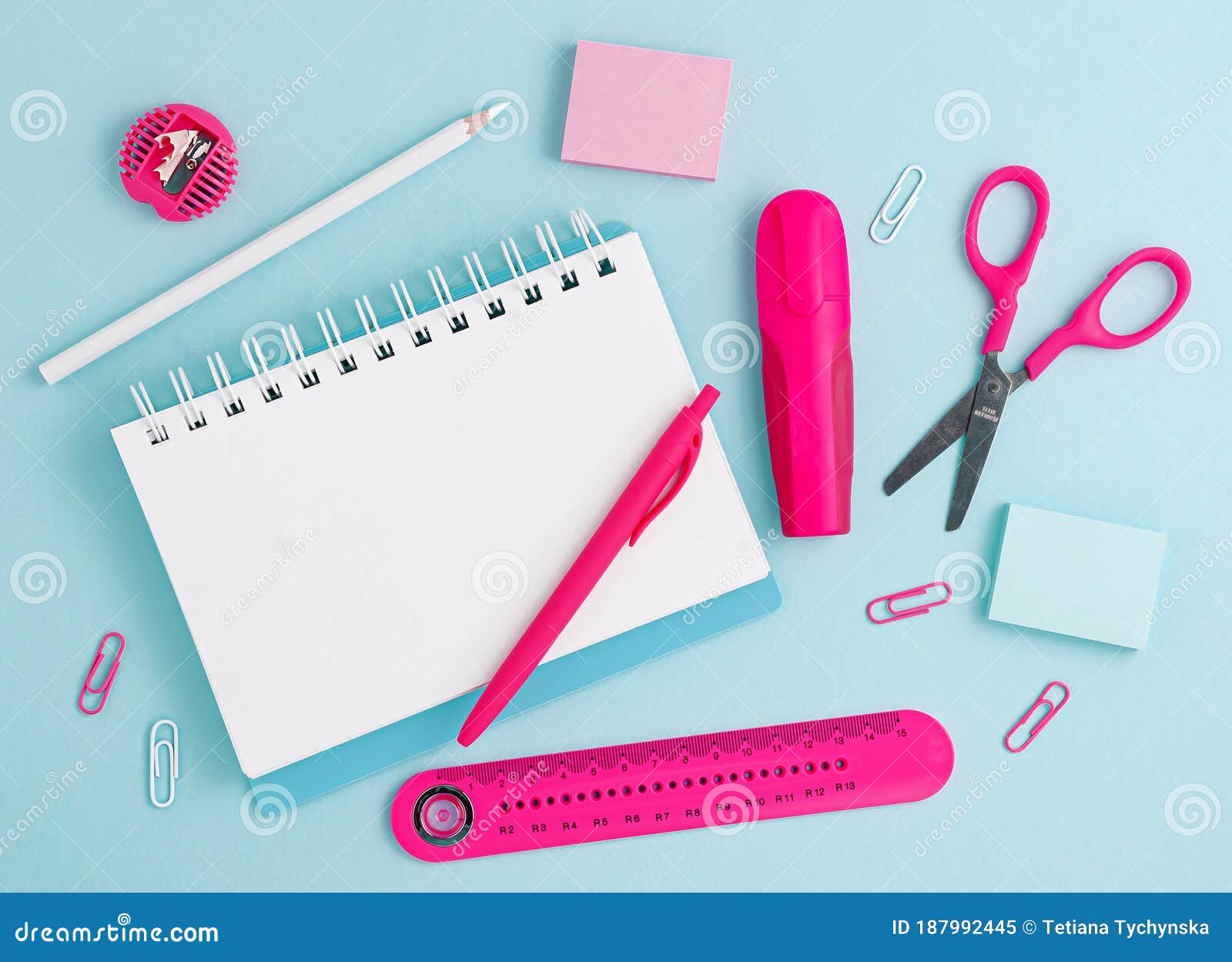 Pink School Supplies and White Blank Notepad on Pastel Blue Background.  Overhead Stock Image - Image of pencil, desk: 187992445