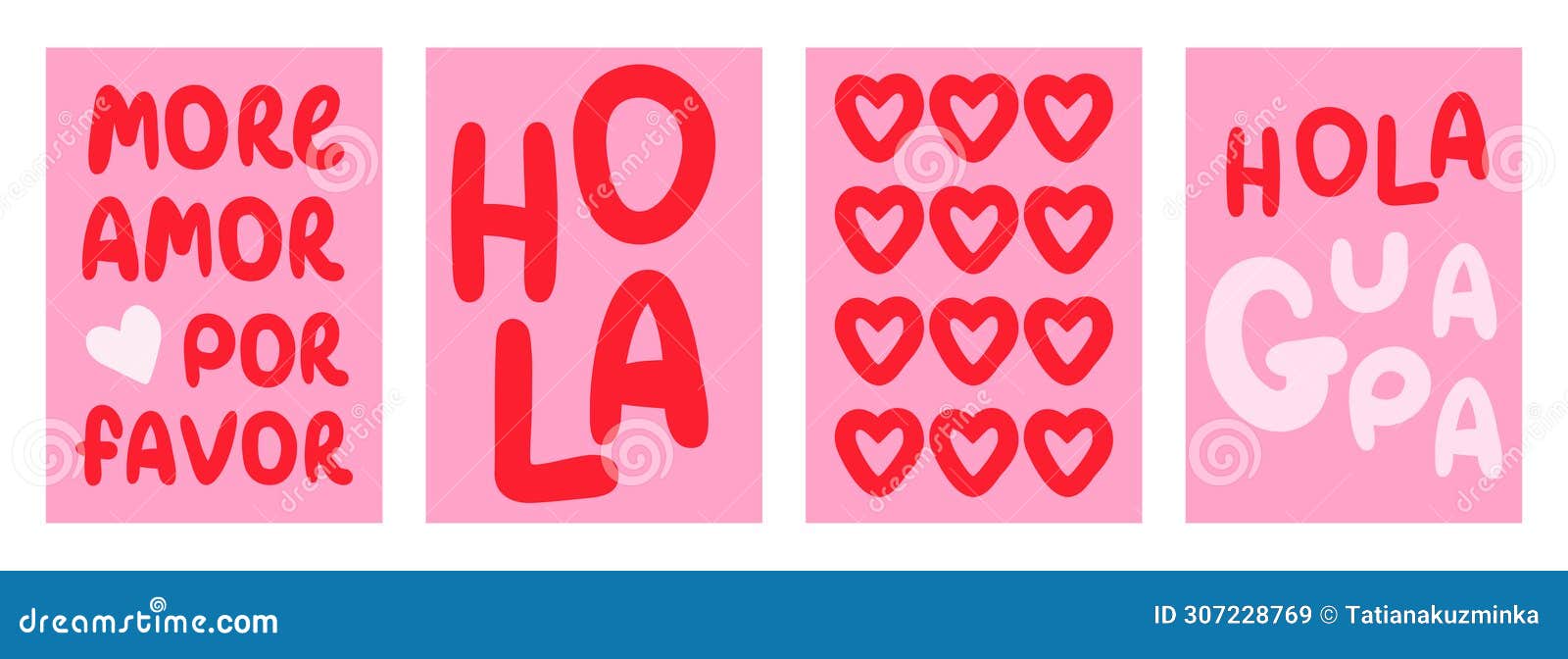 pink spanish love poster set. text translation more amor - more love, hola - hi, hola guapa.  lettering .