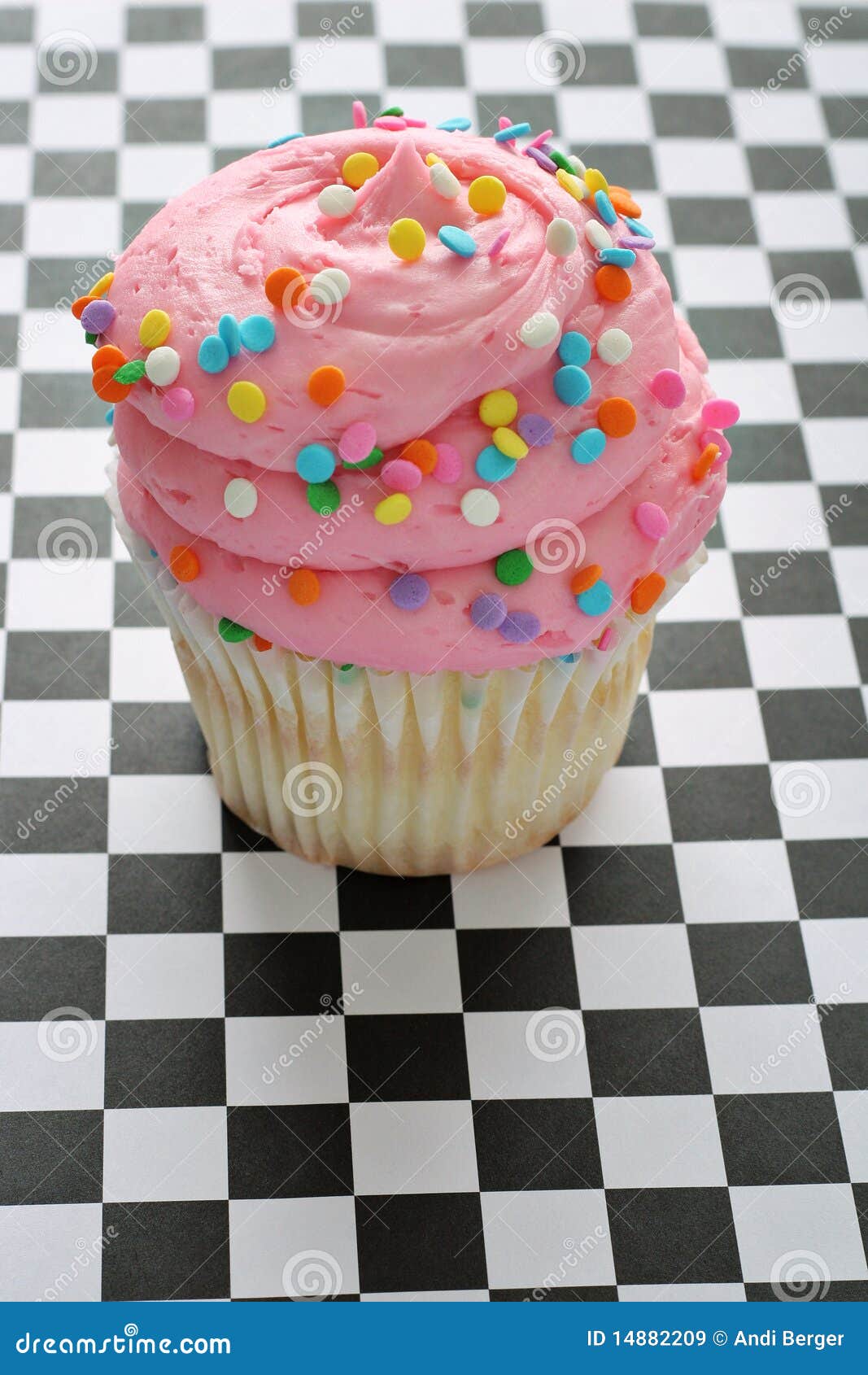 Pink Sprinkle Cupcake on Checkered Background Stock Image Image of