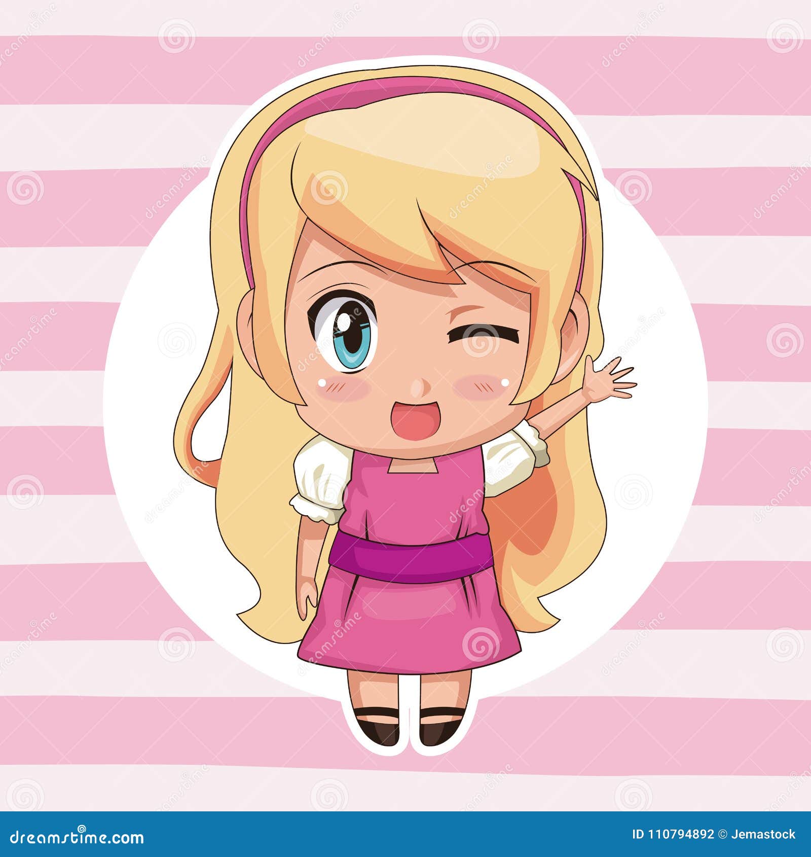 Pink Striped Color Background With Circular Frame And Cute Anime