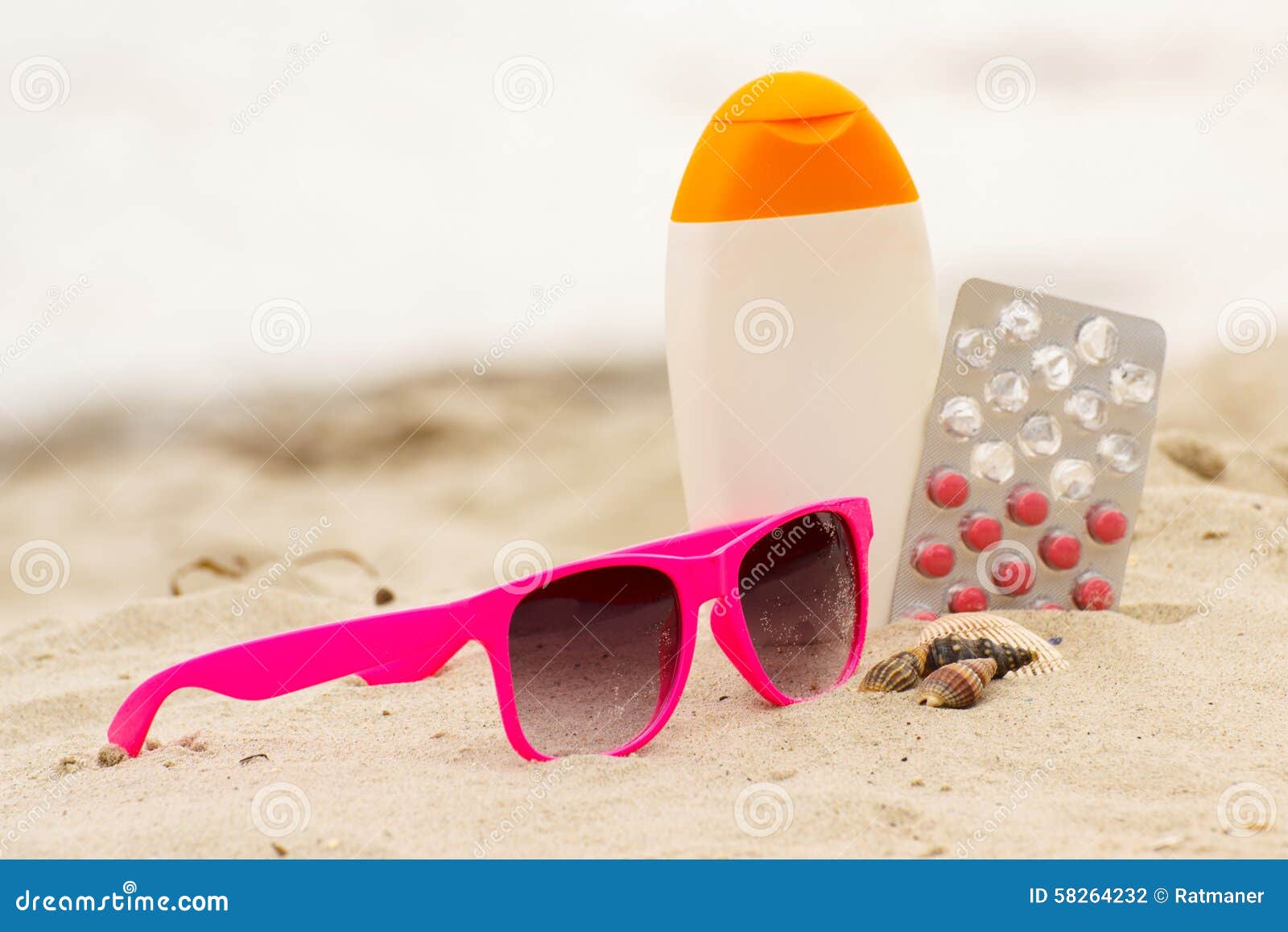 Pink Sunglasses, Shells, Lotion and Pills of Vitamin a, Seasonal ...