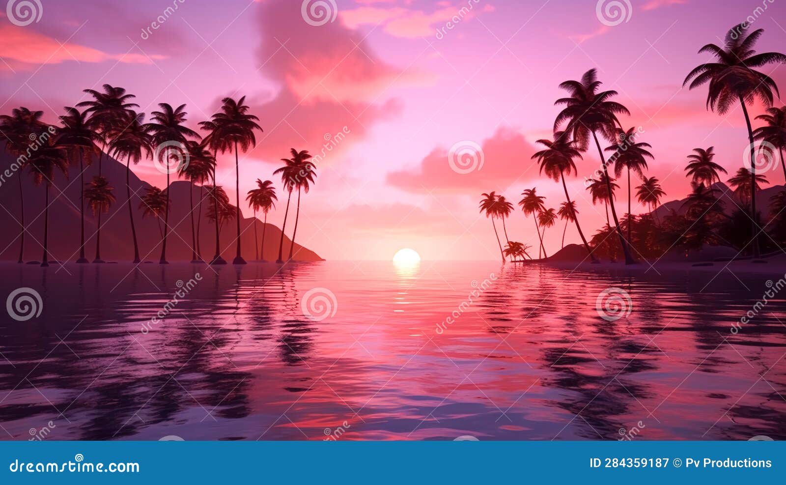 Pink Sunset And Silhouettes Of Palm Trees Generative Ai Stock Image