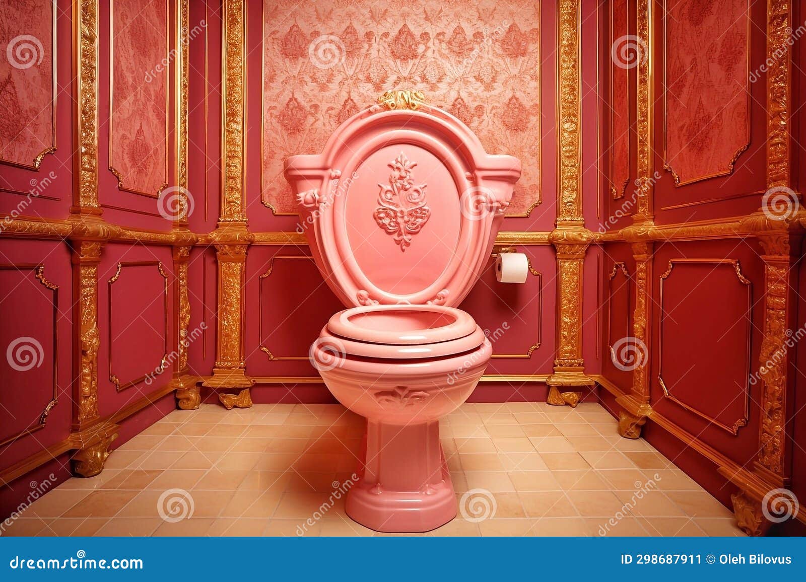 Pink Toilet Bowl in a Red Bathroom Interior. Stock Illustration