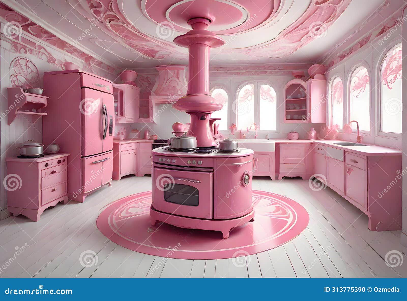 Pink Toy Kitchen Interior with Detailed Appliances, Generative AI Stock